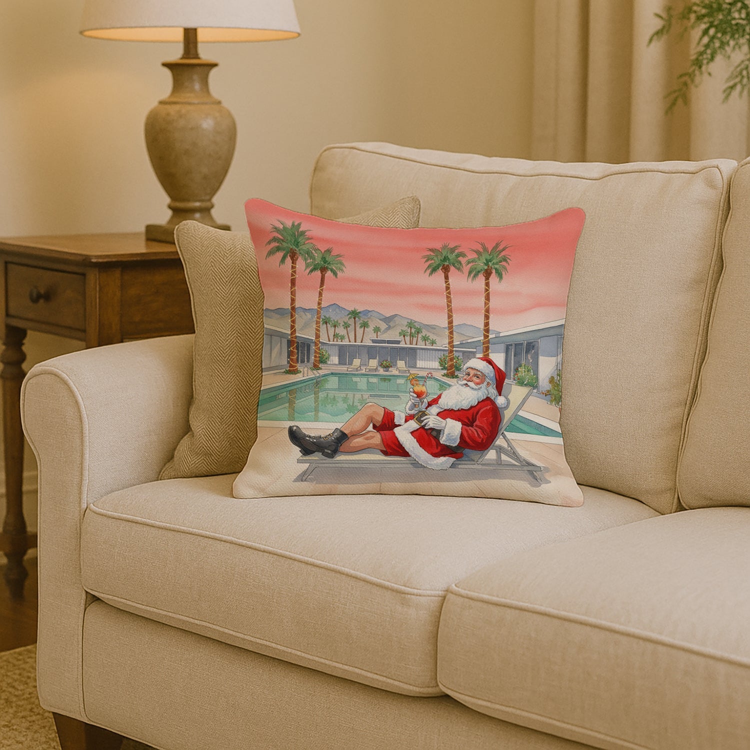 Santa Claus in Palm Springs Christmas Decorative Throw Pillow 14x14 Indoor Outdoor Accent Cushion, Fabric Cover with Insert for Sofa, Bed, Porch & Living Room