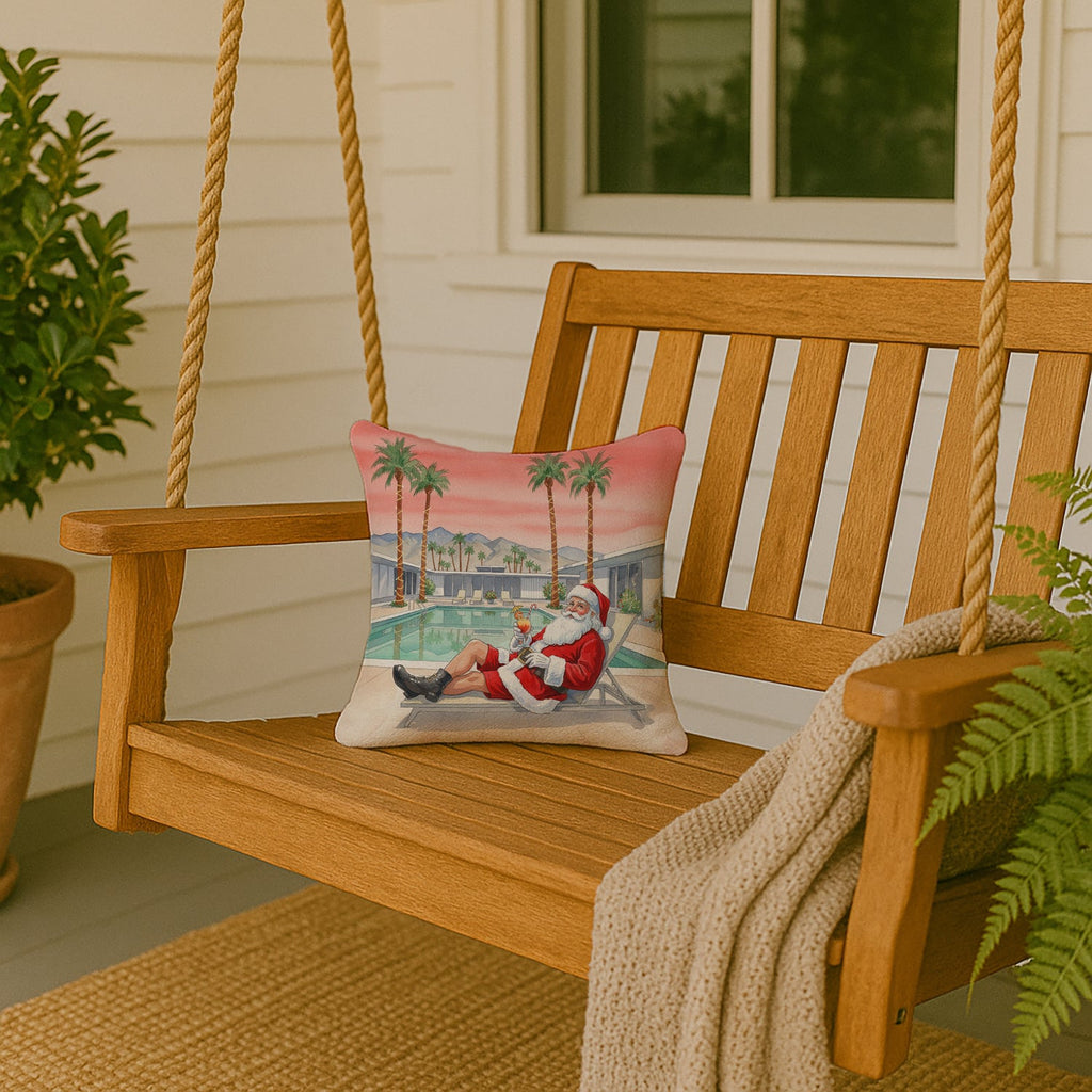 Santa Claus in Palm Springs Christmas Decorative Throw Pillow 14x14 Indoor Outdoor Accent Cushion, Fabric Cover with Insert for Sofa, Bed, Porch & Living Room