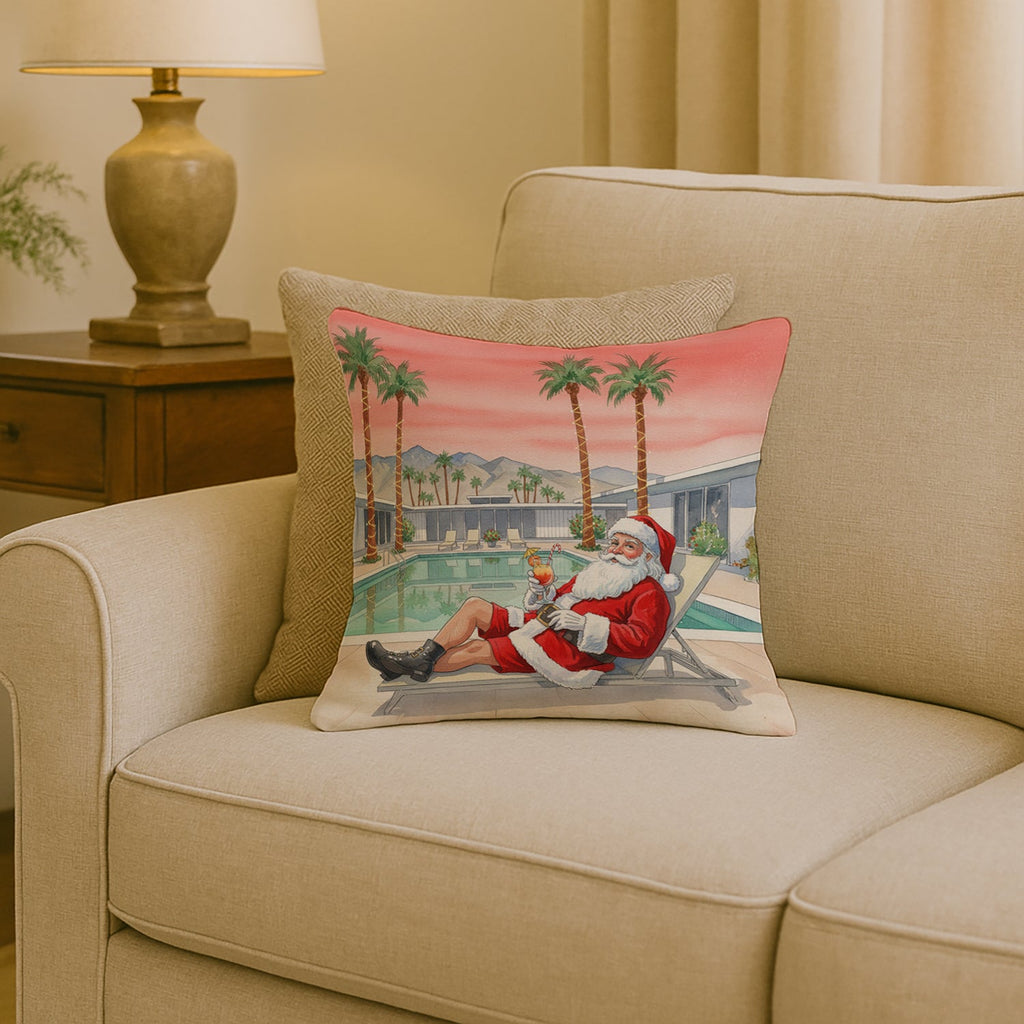 Santa Claus in Palm Springs Christmas Decorative Throw Pillow 18x18 Indoor Outdoor Accent Cushion, Fabric Cover with Insert for Sofa, Bed, Porch & Living Room