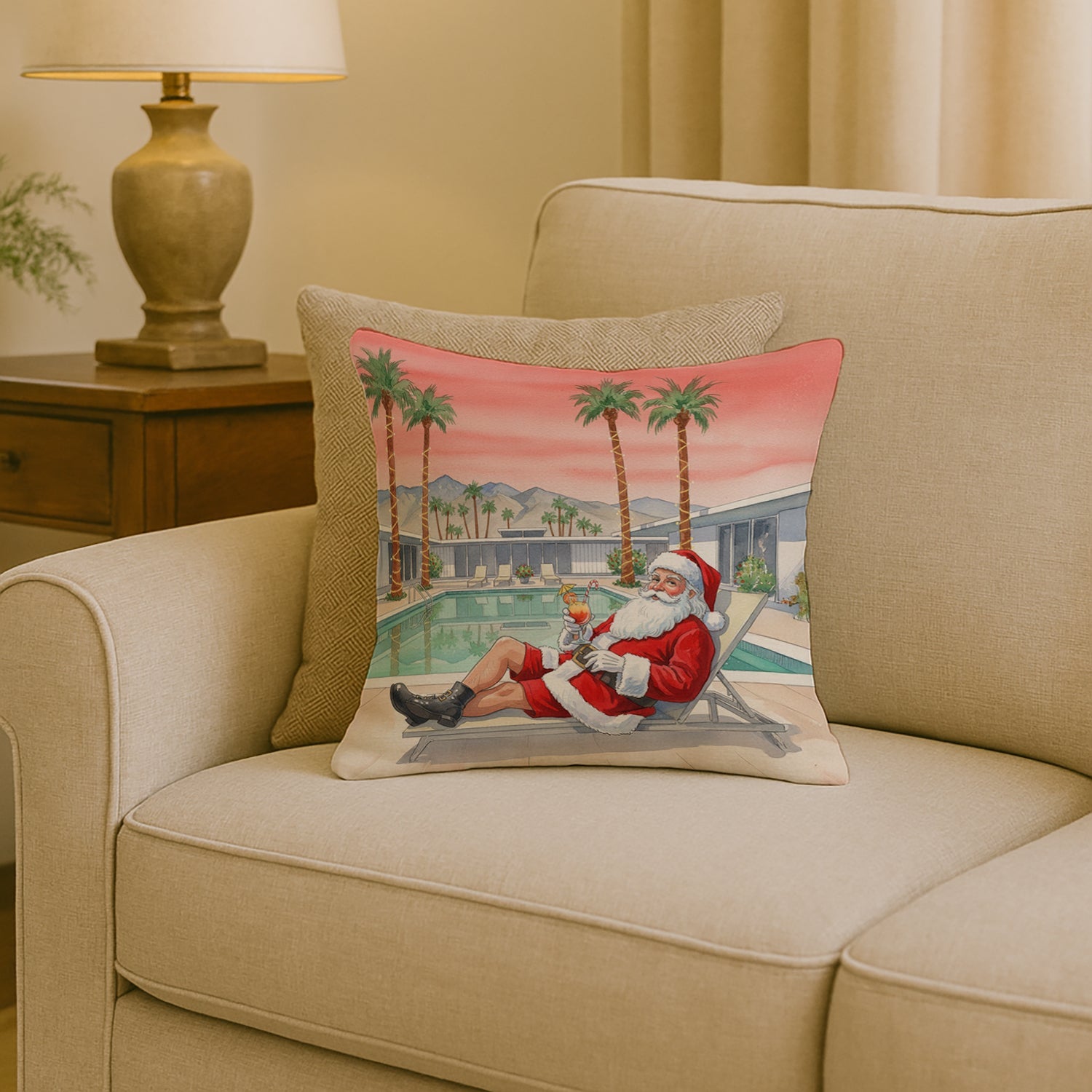 Santa Claus in Palm Springs Christmas Decorative Throw Pillow 18x18 Indoor Outdoor Accent Cushion, Fabric Cover with Insert for Sofa, Bed, Porch & Living Room
