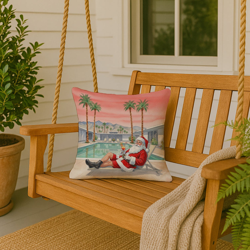 Santa Claus in Palm Springs Christmas Decorative Throw Pillow 18x18 Indoor Outdoor Accent Cushion, Fabric Cover with Insert for Sofa, Bed, Porch & Living Room