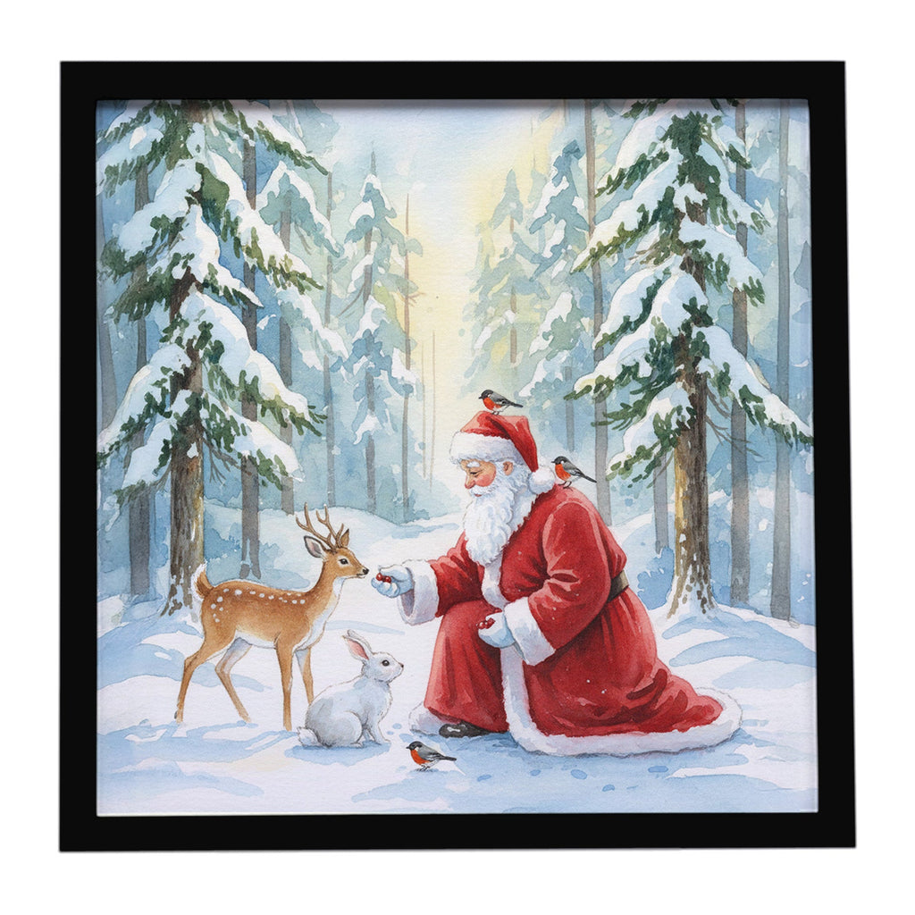Santa Claus in the Forest with Wildlife Christmas Framed Metal Print Bathroom, Kitchen, Office, Home Decor Wall Art Ready to Hang, Square, 8X8