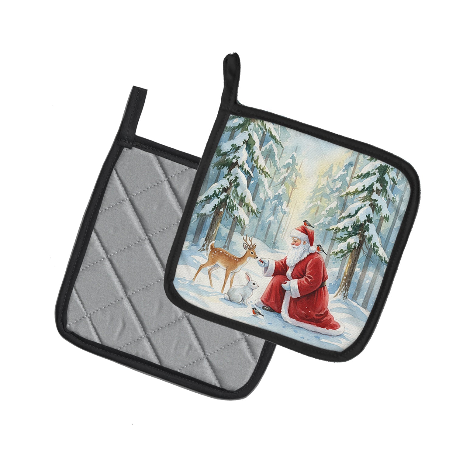 Santa Claus in the Forest with Wildlife Christmas Pot Holder Set of 2 Heat Resistant Quilted Hot Pads 7.5 x 7.5 Inch, Insulated Kitchen Trivets for Cooking & Baking