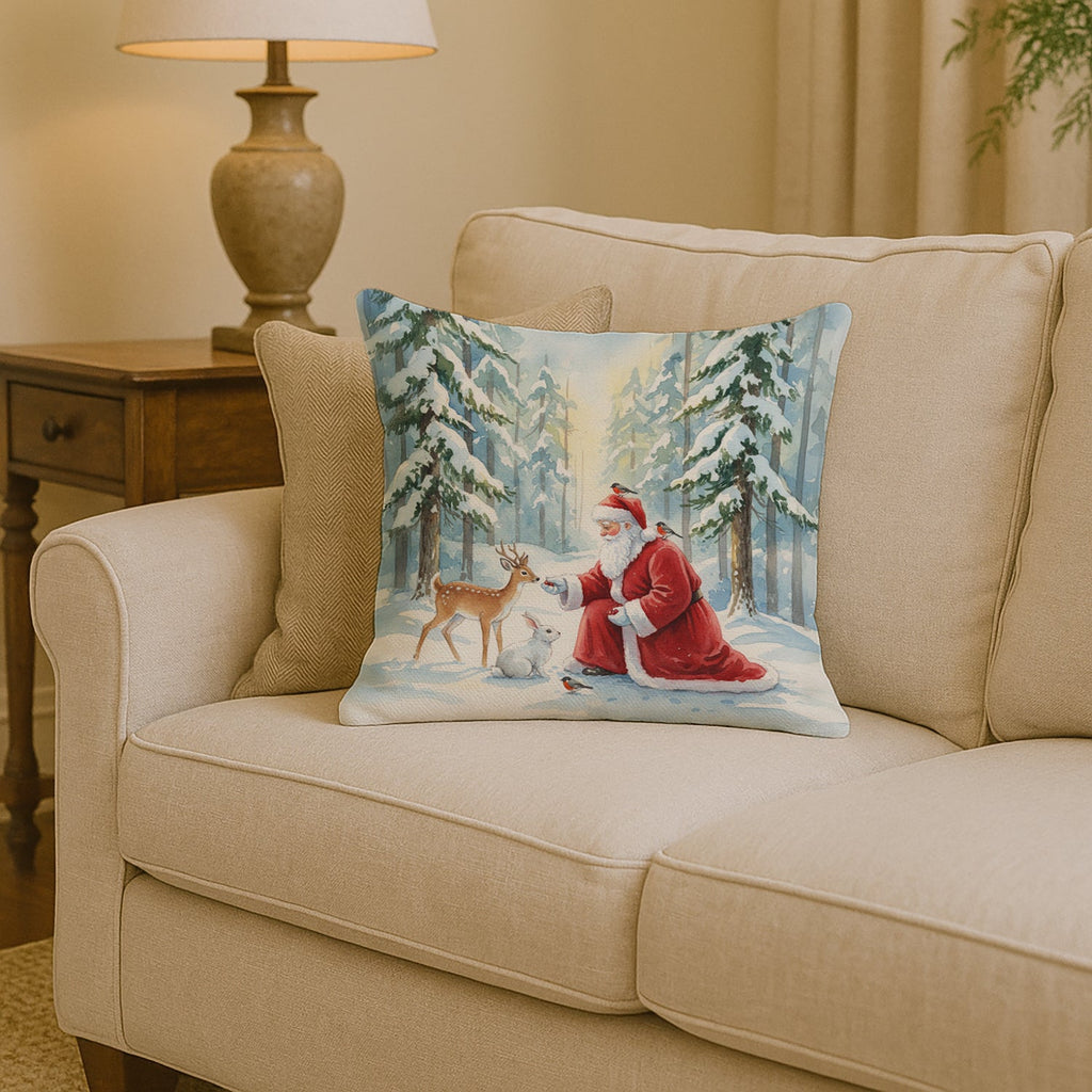 Santa Claus in the Forest with Wildlife Christmas Decorative Throw Pillow 14x14 Indoor Outdoor Accent Cushion, Fabric Cover with Insert for Sofa, Bed, Porch & Living Room