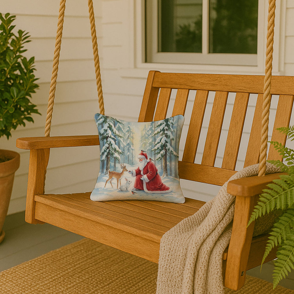 Santa Claus in the Forest with Wildlife Christmas Decorative Throw Pillow 14x14 Indoor Outdoor Accent Cushion, Fabric Cover with Insert for Sofa, Bed, Porch & Living Room