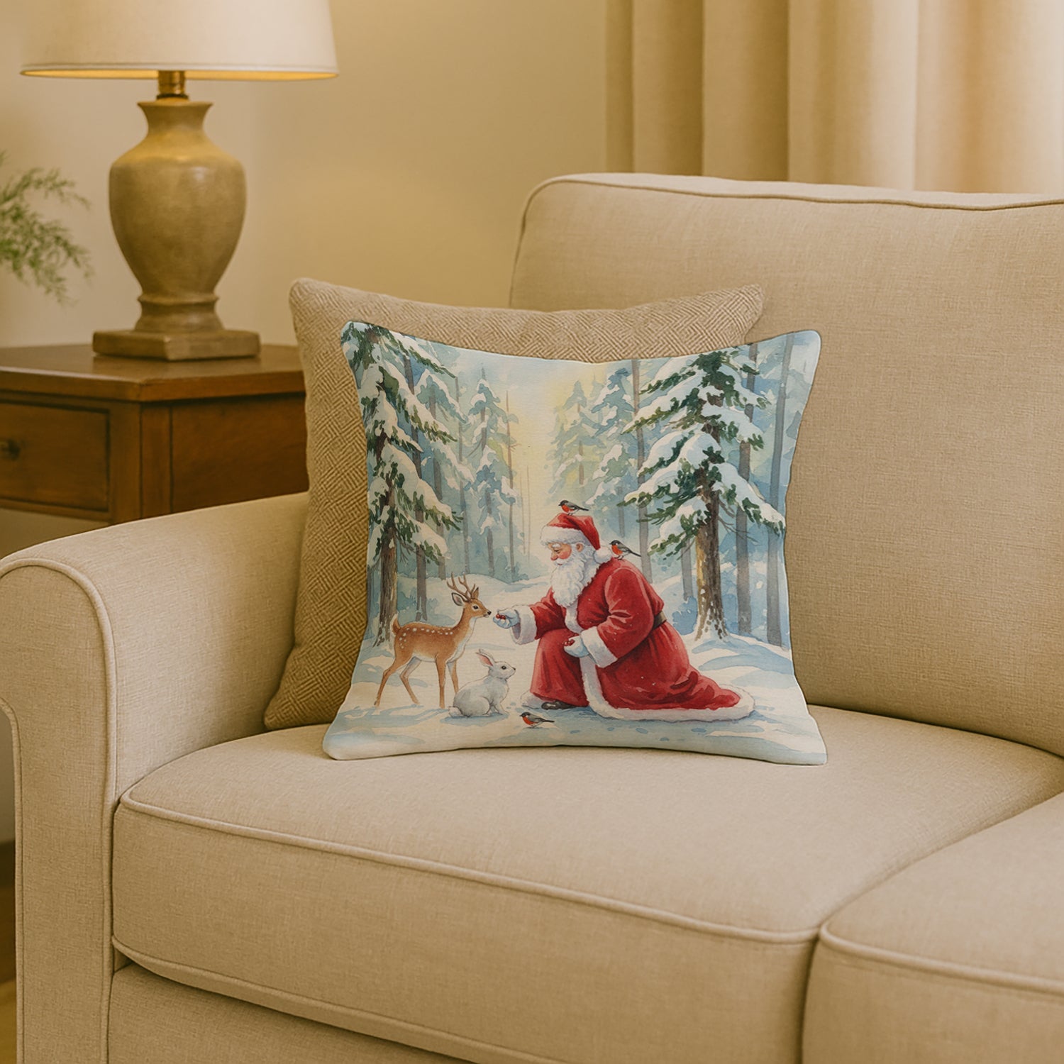 Santa Claus in the Forest with Wildlife Christmas Decorative Throw Pillow 18x18 Indoor Outdoor Accent Cushion, Fabric Cover with Insert for Sofa, Bed, Porch & Living Room