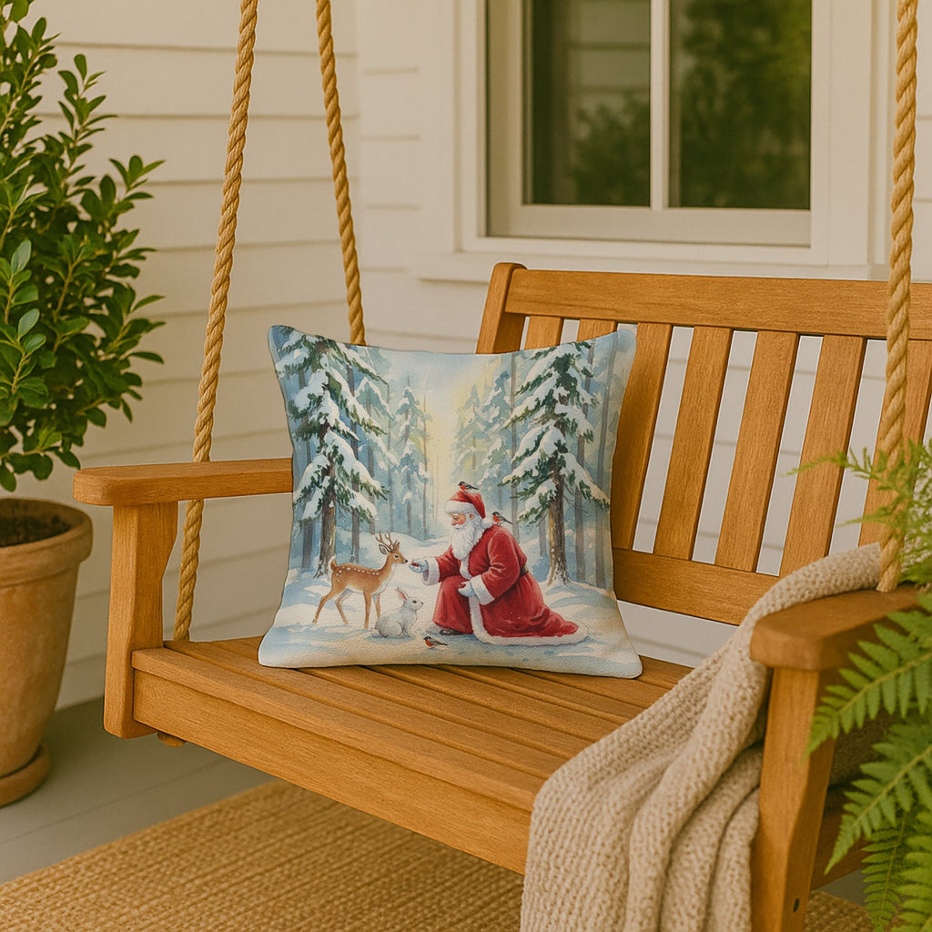 Santa Claus in the Forest with Wildlife Christmas Decorative Throw Pillow 18x18 Indoor Outdoor Accent Cushion, Fabric Cover with Insert for Sofa, Bed, Porch & Living Room