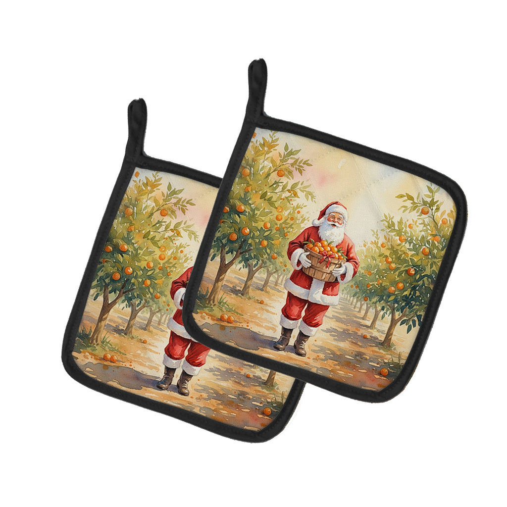 Santa Claus in the Orange Grove Christmas Pot Holder Set of 2 Heat Resistant Quilted Hot Pads 7.5 x 7.5 Inch, Insulated Kitchen Trivets for Cooking & Baking