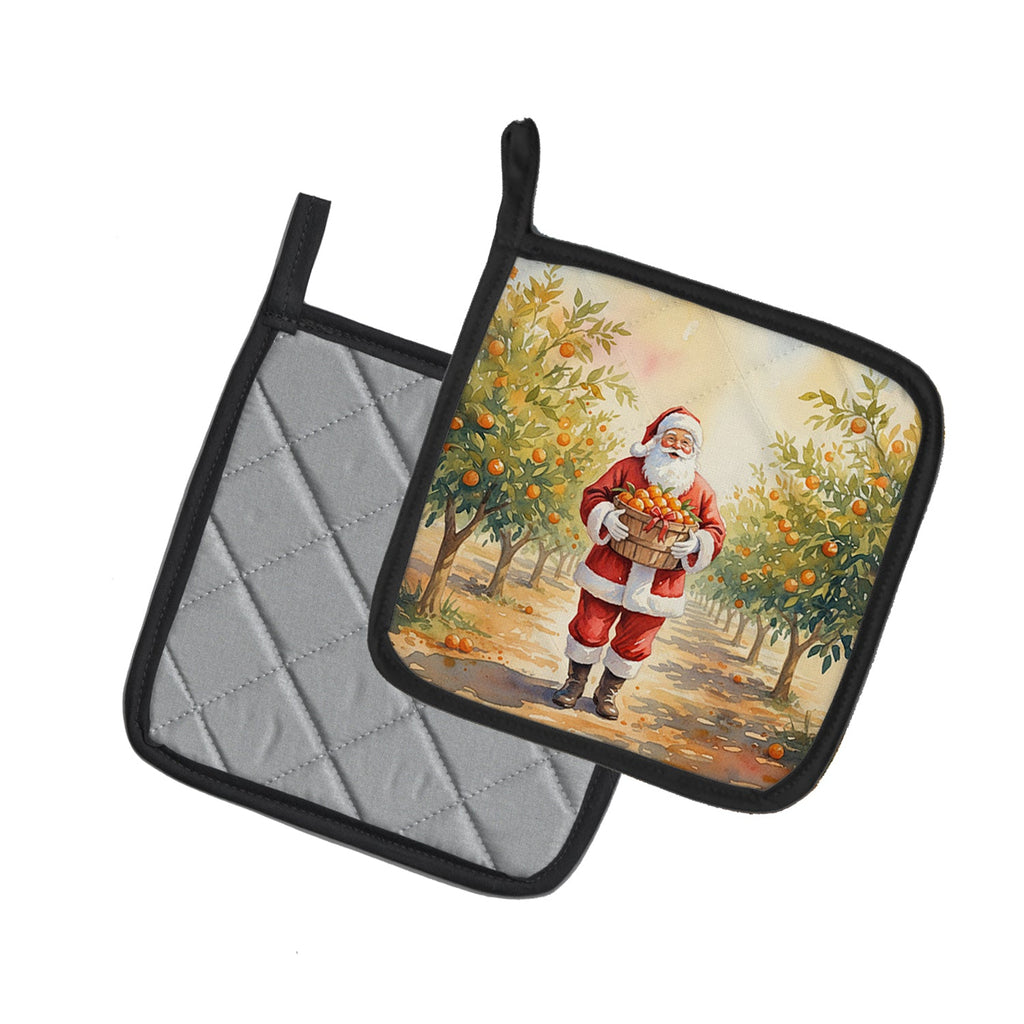 Santa Claus in the Orange Grove Christmas Pot Holder Set of 2 Heat Resistant Quilted Hot Pads 7.5 x 7.5 Inch, Insulated Kitchen Trivets for Cooking & Baking