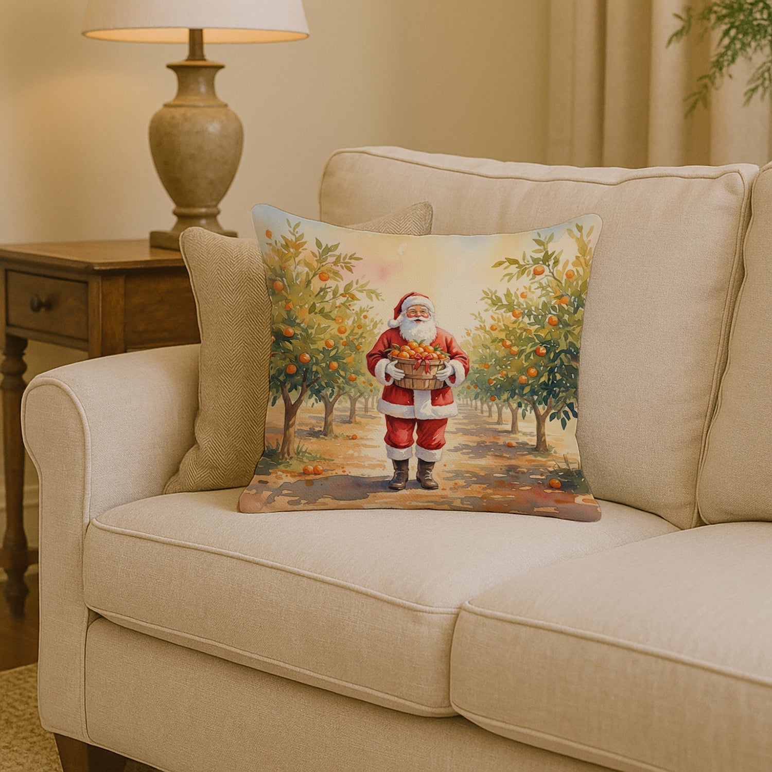 Santa Claus in the Orange Grove Christmas Decorative Throw Pillow 14x14 Indoor Outdoor Accent Cushion, Fabric Cover with Insert for Sofa, Bed, Porch & Living Room