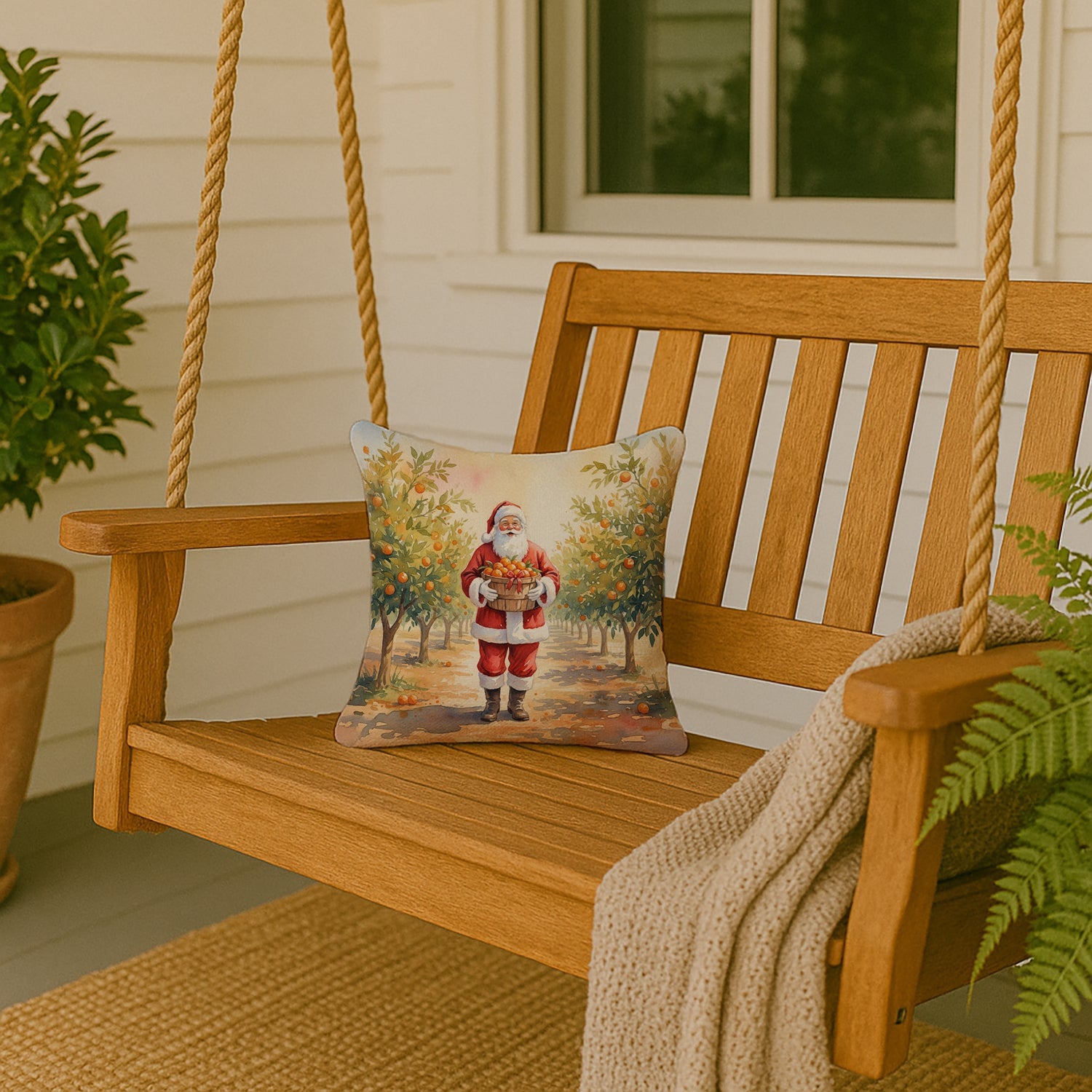 Santa Claus in the Orange Grove Christmas Decorative Throw Pillow 14x14 Indoor Outdoor Accent Cushion, Fabric Cover with Insert for Sofa, Bed, Porch & Living Room