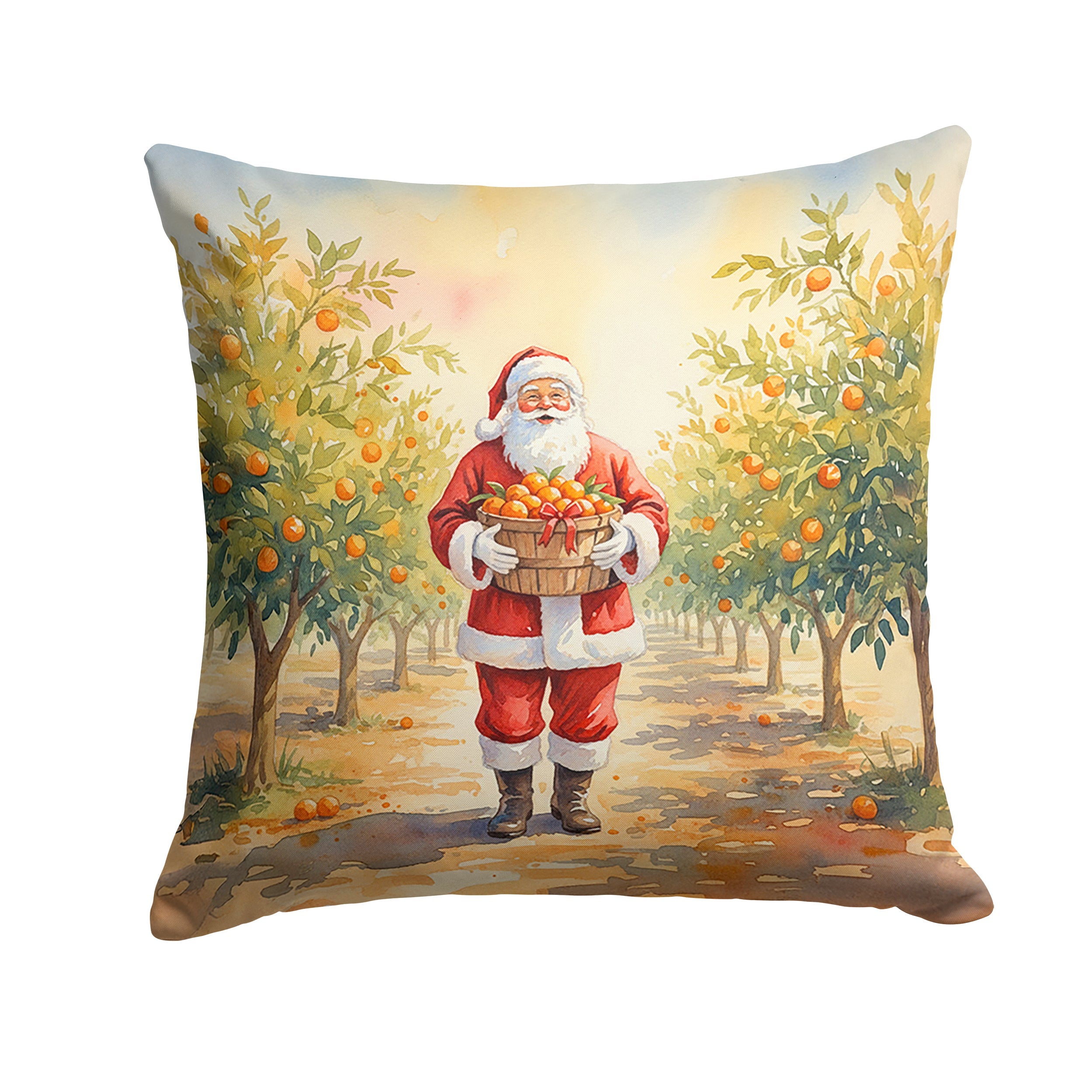 Santa Claus in the Orange Grove Christmas Decorative Throw Pillow 18x18 Indoor Outdoor Accent Cushion, Fabric Cover with Insert for Sofa, Bed, Porch & Living Room