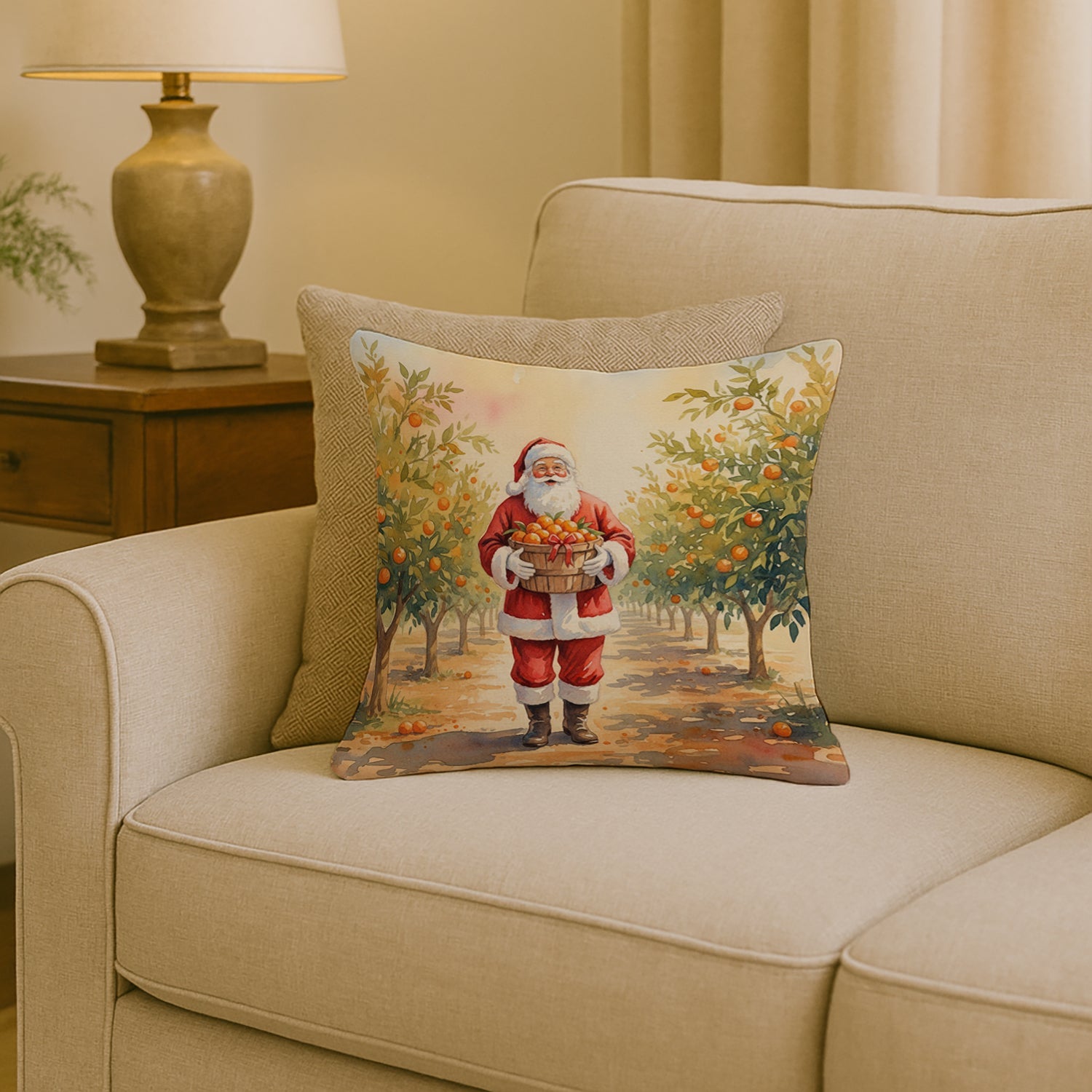 Santa Claus in the Orange Grove Christmas Decorative Throw Pillow 18x18 Indoor Outdoor Accent Cushion, Fabric Cover with Insert for Sofa, Bed, Porch & Living Room