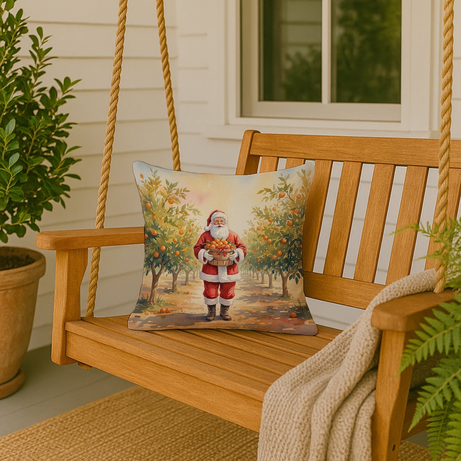 Santa Claus in the Orange Grove Christmas Decorative Throw Pillow 18x18 Indoor Outdoor Accent Cushion, Fabric Cover with Insert for Sofa, Bed, Porch & Living Room