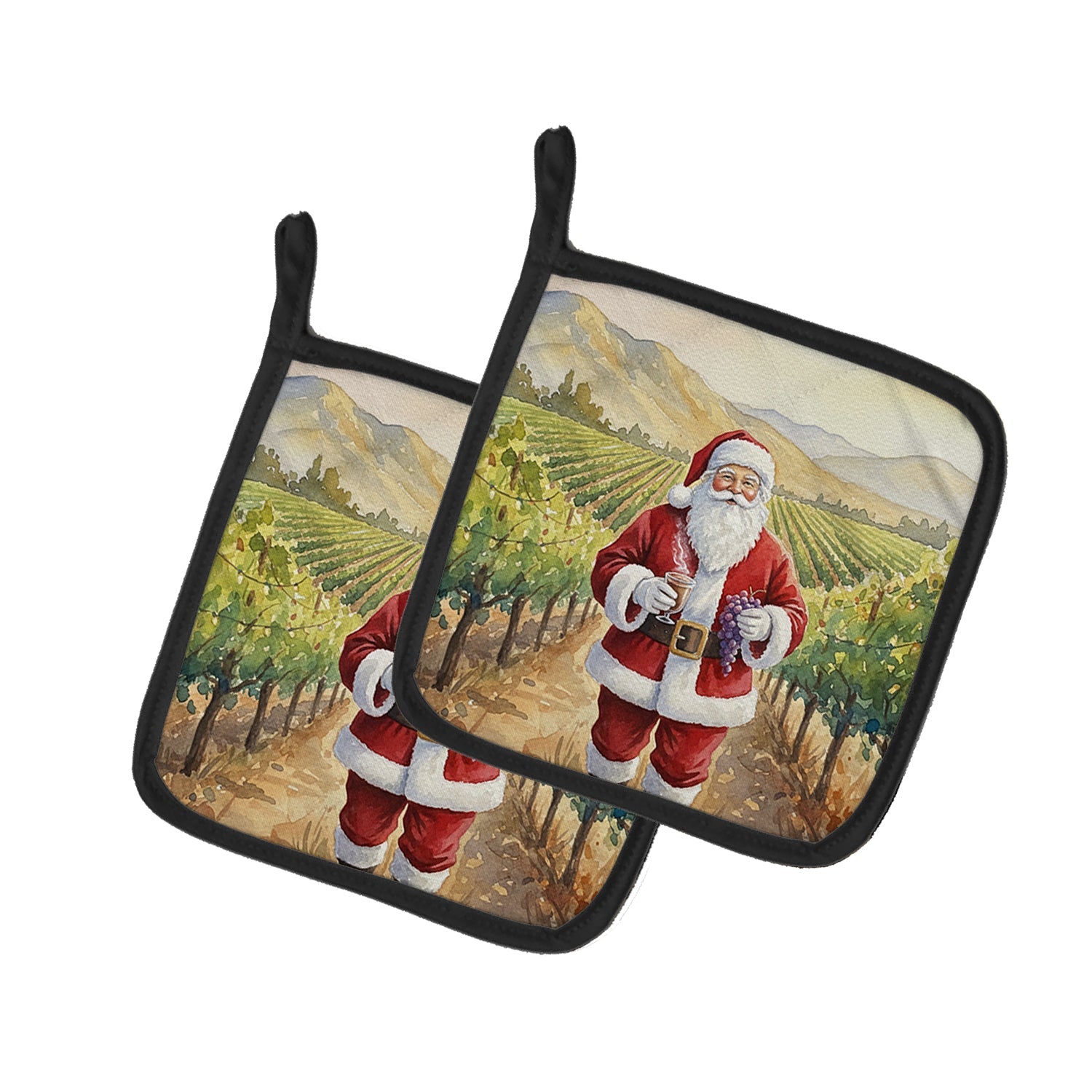 Santa Claus in the Vineyard Christmas Pot Holder Set of 2 Heat Resistant Quilted Hot Pads 7.5 x 7.5 Inch, Insulated Kitchen Trivets for Cooking & Baking