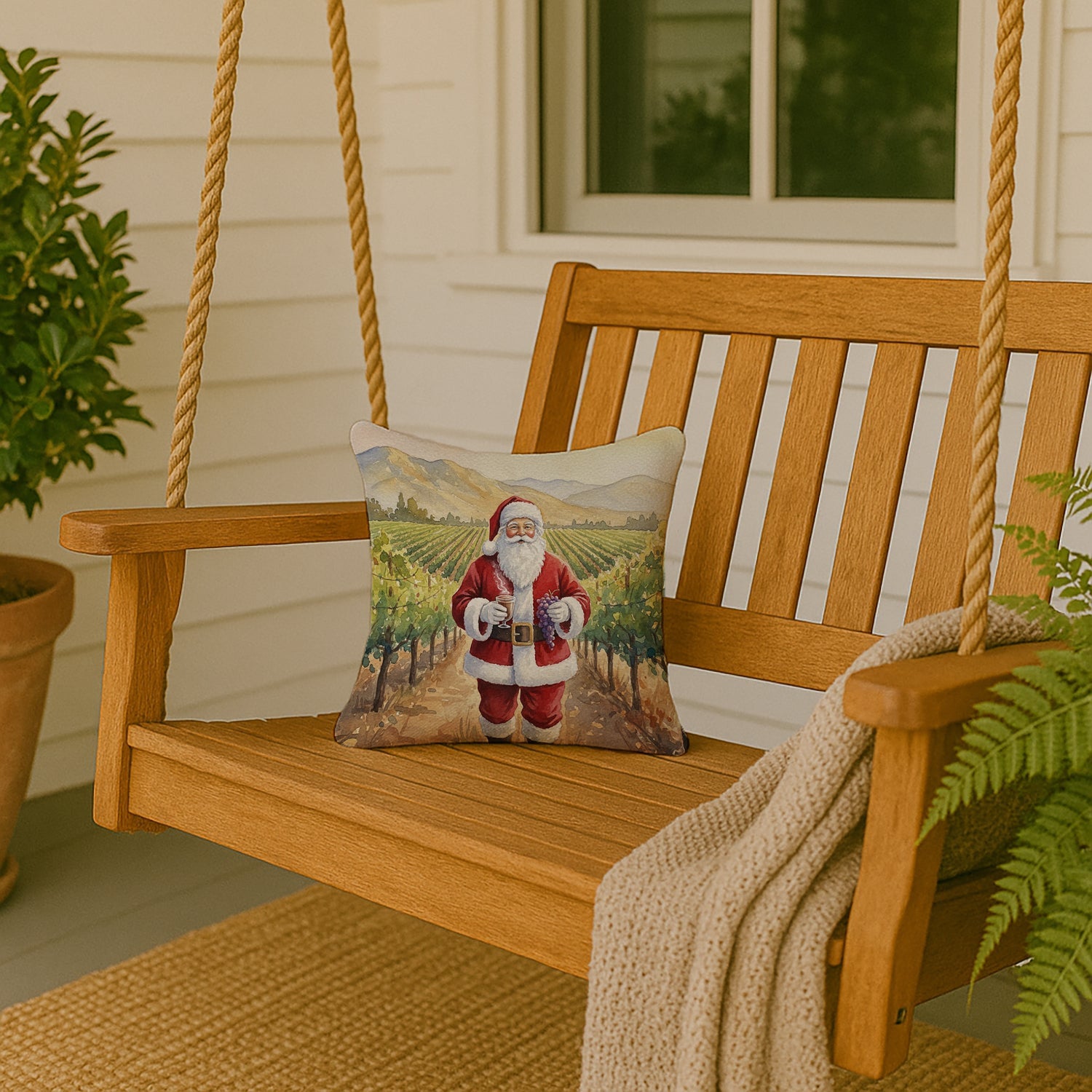 Santa Claus in the Vineyard Christmas Decorative Throw Pillow 14x14 Indoor Outdoor Accent Cushion, Fabric Cover with Insert for Sofa, Bed, Porch & Living Room
