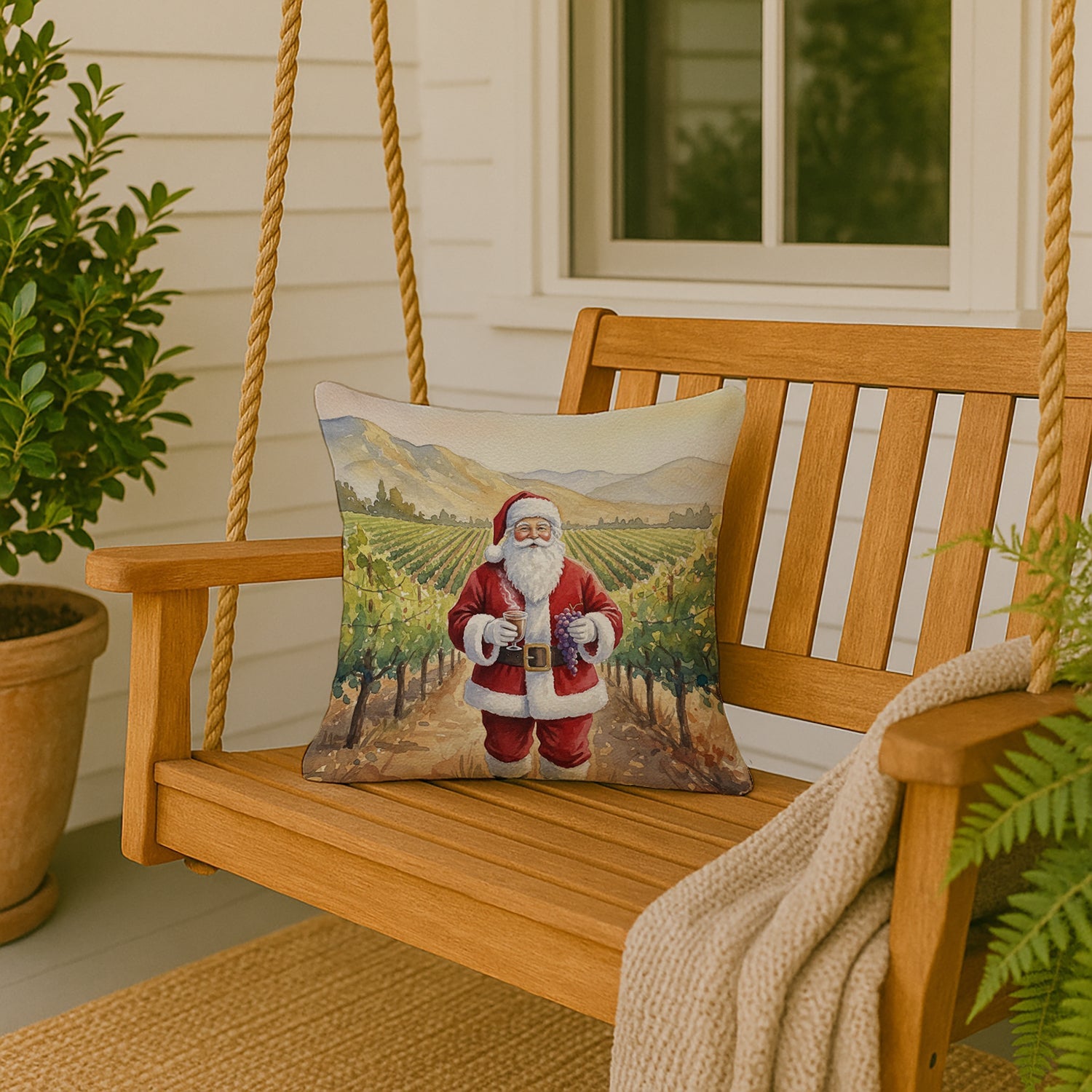 Santa Claus in the Vineyard Christmas Decorative Throw Pillow 18x18 Indoor Outdoor Accent Cushion, Fabric Cover with Insert for Sofa, Bed, Porch & Living Room