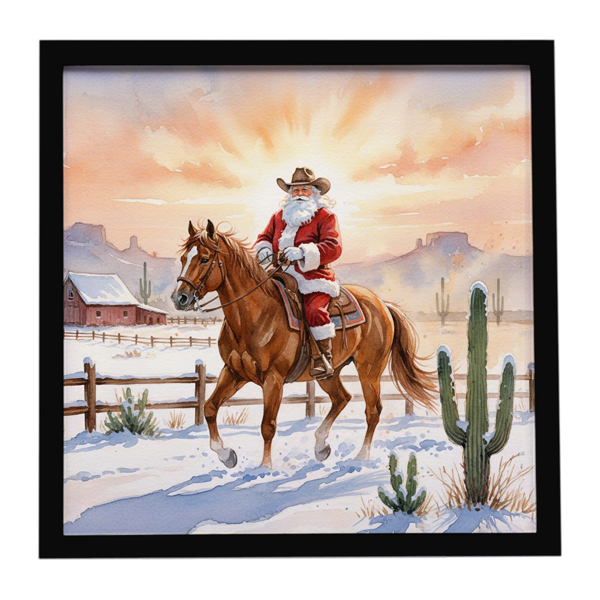 Santa Claus on Horseback at the Ranch Christmas Framed Metal Print Bathroom, Kitchen, Office, Home Decor Wall Art Ready to Hang, Square, 8X8