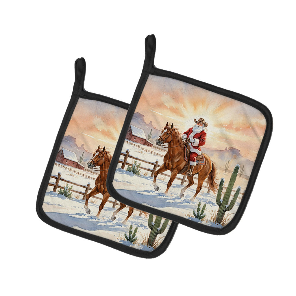 Santa Claus on Horseback at the Ranch Christmas Pot Holder Set of 2 Heat Resistant Quilted Hot Pads 7.5 x 7.5 Inch, Insulated Kitchen Trivets for Cooking & Baking