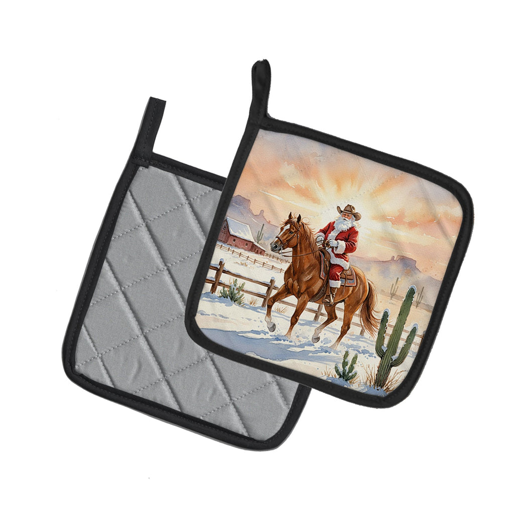 Santa Claus on Horseback at the Ranch Christmas Pot Holder Set of 2 Heat Resistant Quilted Hot Pads 7.5 x 7.5 Inch, Insulated Kitchen Trivets for Cooking & Baking