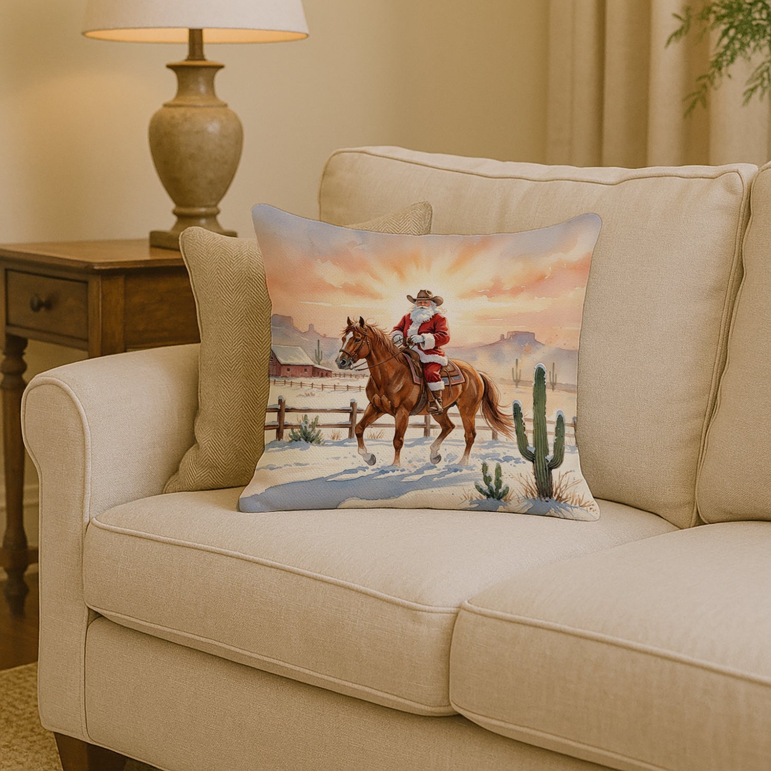 Santa Claus on Horseback at the Ranch Christmas Decorative Throw Pillow 14x14 Indoor Outdoor Accent Cushion, Fabric Cover with Insert for Sofa, Bed, Porch & Living Room