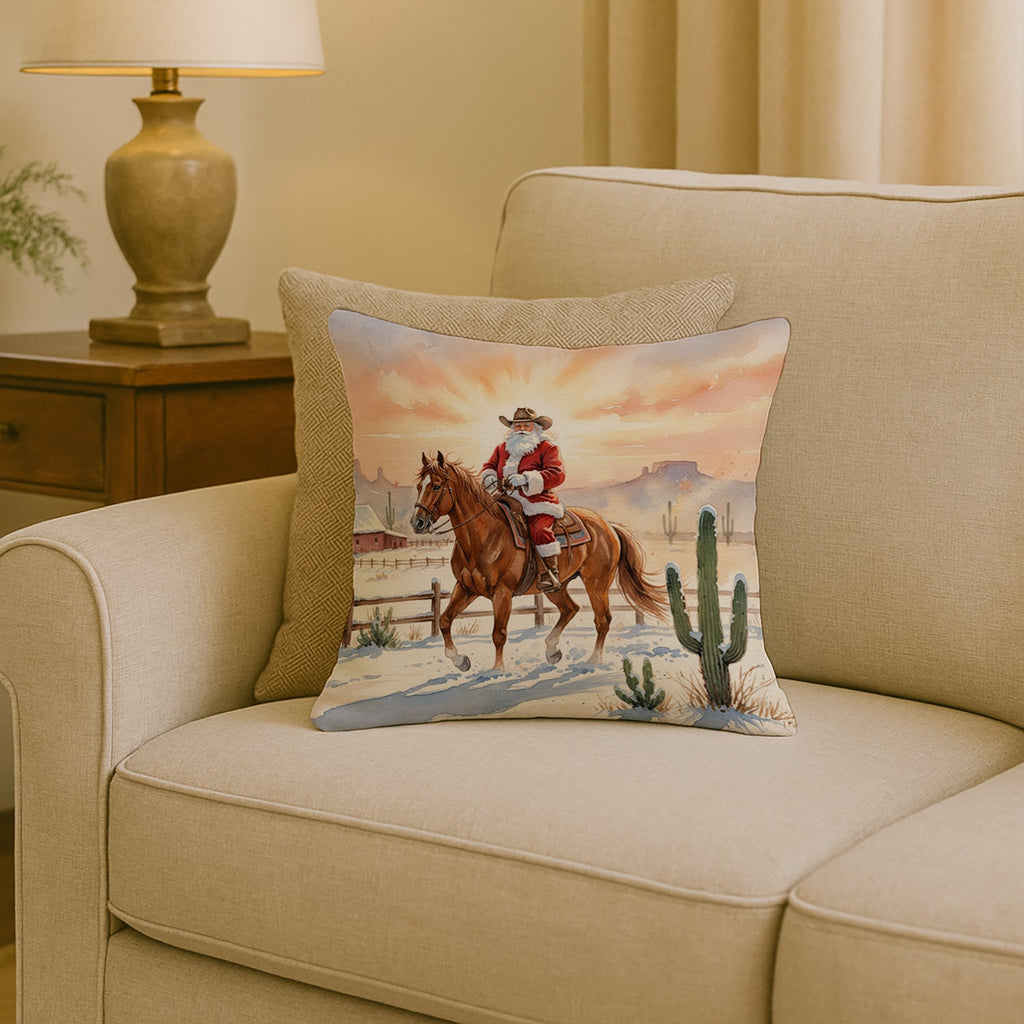 Santa Claus on Horseback at the Ranch Christmas Decorative Throw Pillow 18x18 Indoor Outdoor Accent Cushion, Fabric Cover with Insert for Sofa, Bed, Porch & Living Room