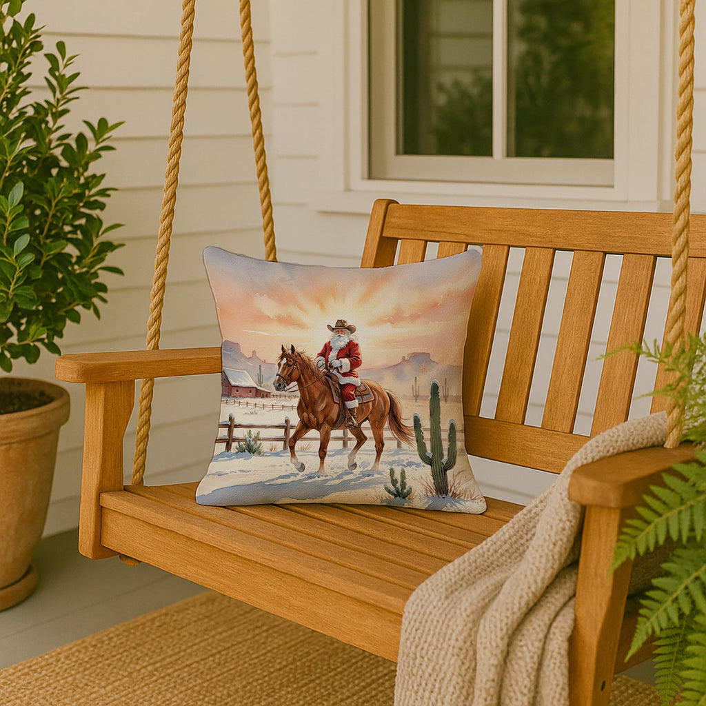Santa Claus on Horseback at the Ranch Christmas Decorative Throw Pillow 18x18 Indoor Outdoor Accent Cushion, Fabric Cover with Insert for Sofa, Bed, Porch & Living Room