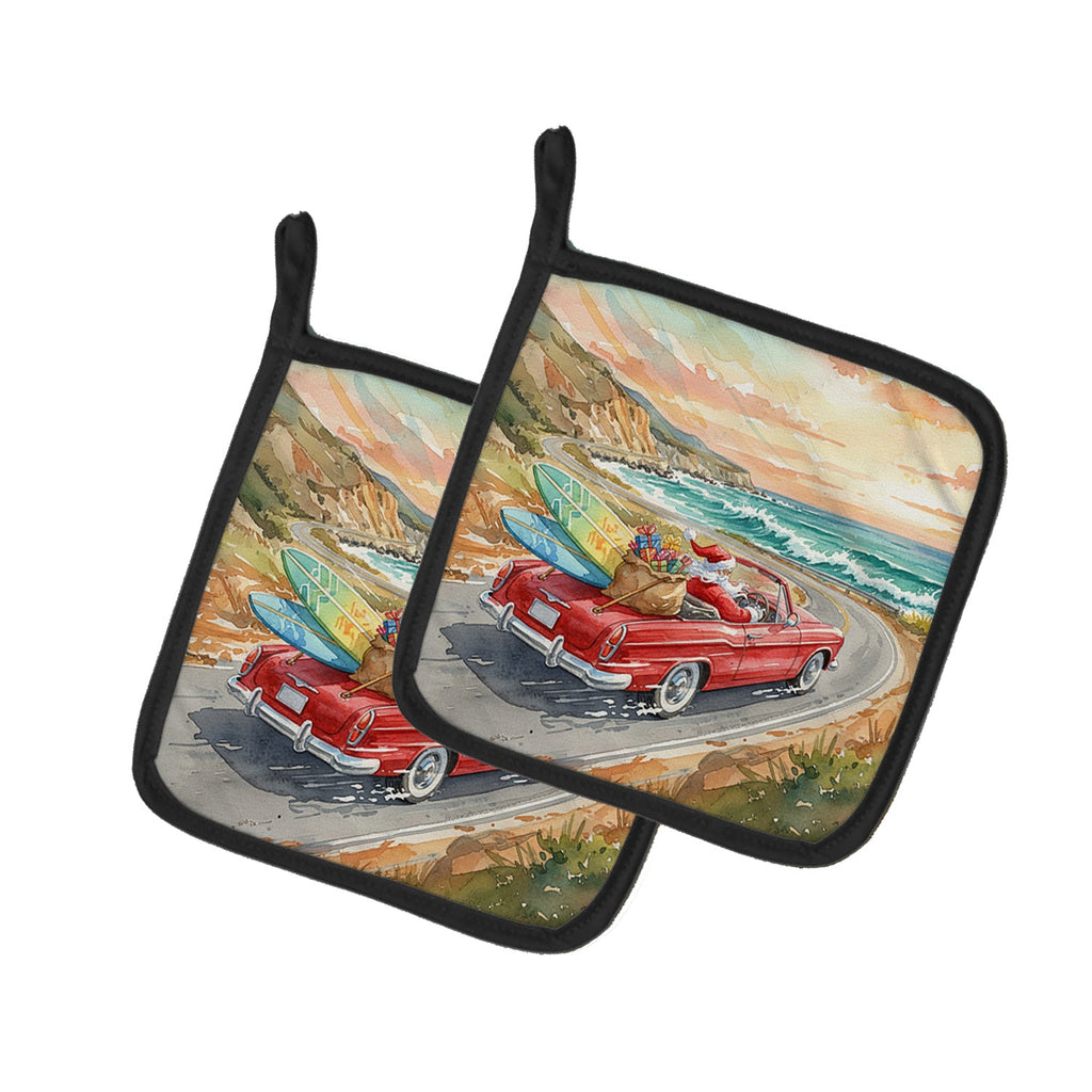 Santa Claus on Route 1 Christmas Pot Holder Set of 2 Heat Resistant Quilted Hot Pads 7.5 x 7.5 Inch, Insulated Kitchen Trivets for Cooking & Baking