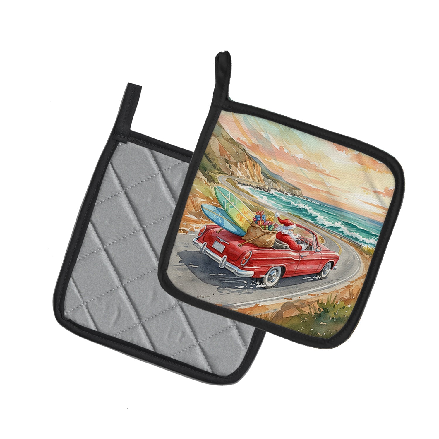 Santa Claus on Route 1 Christmas Pot Holder Set of 2 Heat Resistant Quilted Hot Pads 7.5 x 7.5 Inch, Insulated Kitchen Trivets for Cooking & Baking