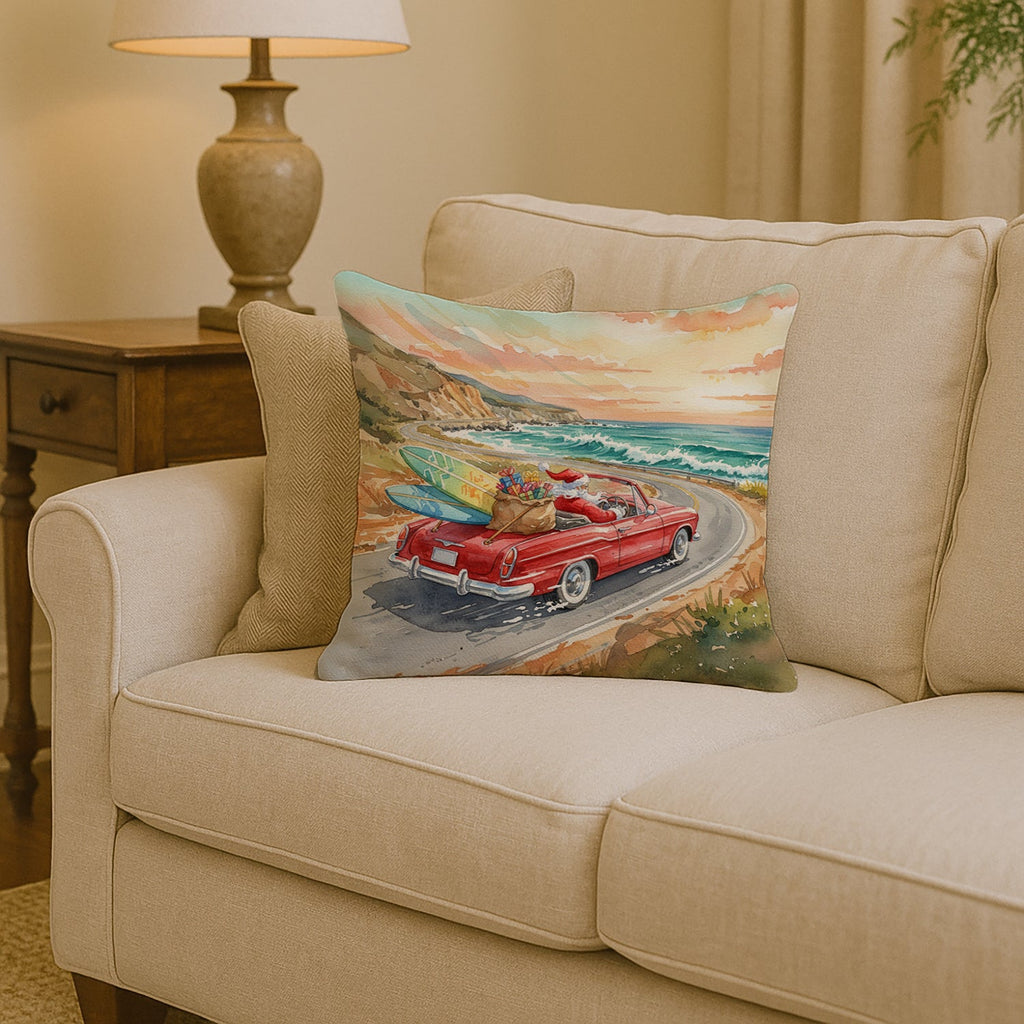Santa Claus on Route 1 Christmas Decorative Throw Pillow 14x14 Indoor Outdoor Accent Cushion, Fabric Cover with Insert for Sofa, Bed, Porch & Living Room