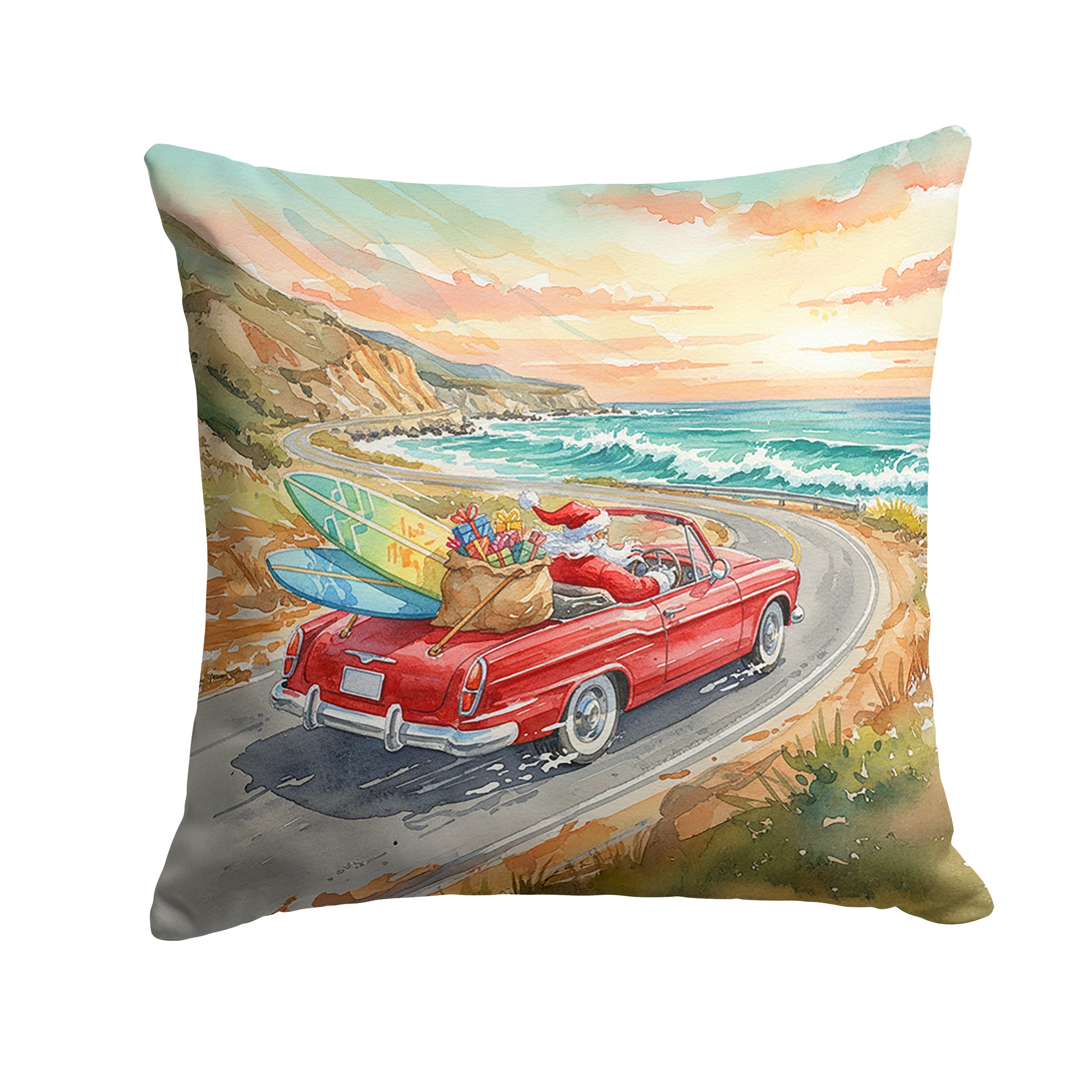 Santa Claus on Route 1 Christmas Decorative Throw Pillow 18x18 Indoor Outdoor Accent Cushion, Fabric Cover with Insert for Sofa, Bed, Porch & Living Room