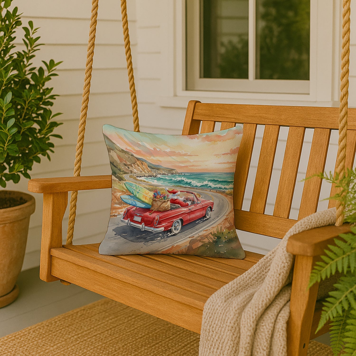 Santa Claus on Route 1 Christmas Decorative Throw Pillow 18x18 Indoor Outdoor Accent Cushion, Fabric Cover with Insert for Sofa, Bed, Porch & Living Room