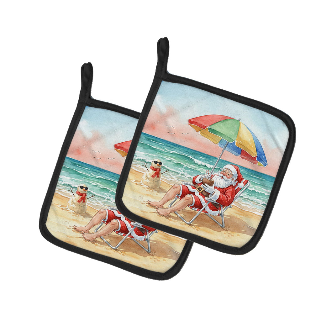 Santa Claus on the Beach Christmas Pot Holder Set of 2 Heat Resistant Quilted Hot Pads 7.5 x 7.5 Inch, Insulated Kitchen Trivets for Cooking & Baking