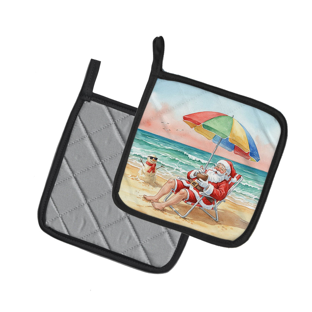Santa Claus on the Beach Christmas Pot Holder Set of 2 Heat Resistant Quilted Hot Pads 7.5 x 7.5 Inch, Insulated Kitchen Trivets for Cooking & Baking
