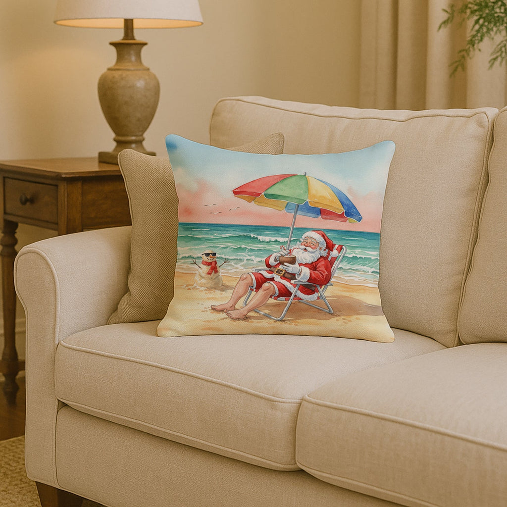 Santa Claus on the Beach Christmas Decorative Throw Pillow 14x14 Indoor Outdoor Accent Cushion, Fabric Cover with Insert for Sofa, Bed, Porch & Living Room