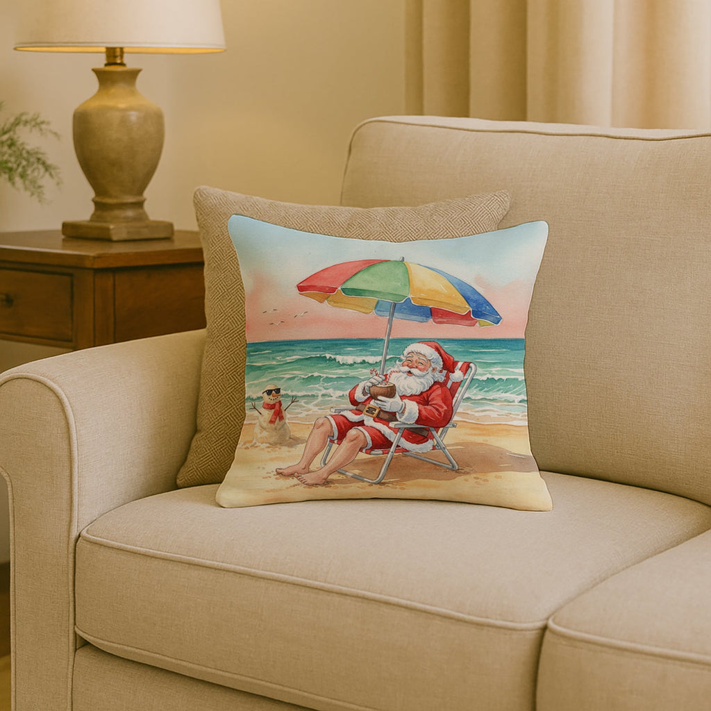 Santa Claus on the Beach Christmas Decorative Throw Pillow 18x18 Indoor Outdoor Accent Cushion, Fabric Cover with Insert for Sofa, Bed, Porch & Living Room