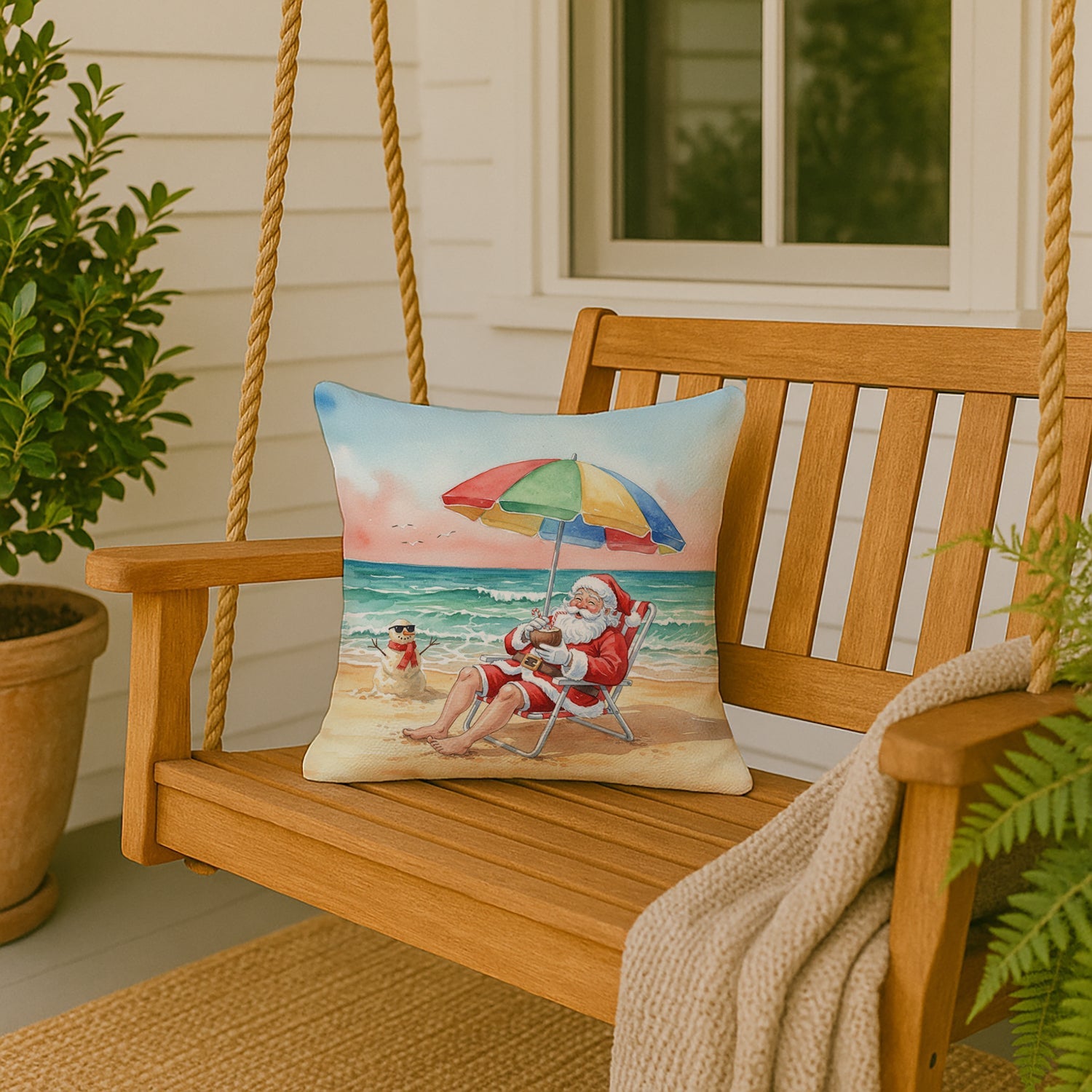 Santa Claus on the Beach Christmas Decorative Throw Pillow 18x18 Indoor Outdoor Accent Cushion, Fabric Cover with Insert for Sofa, Bed, Porch & Living Room
