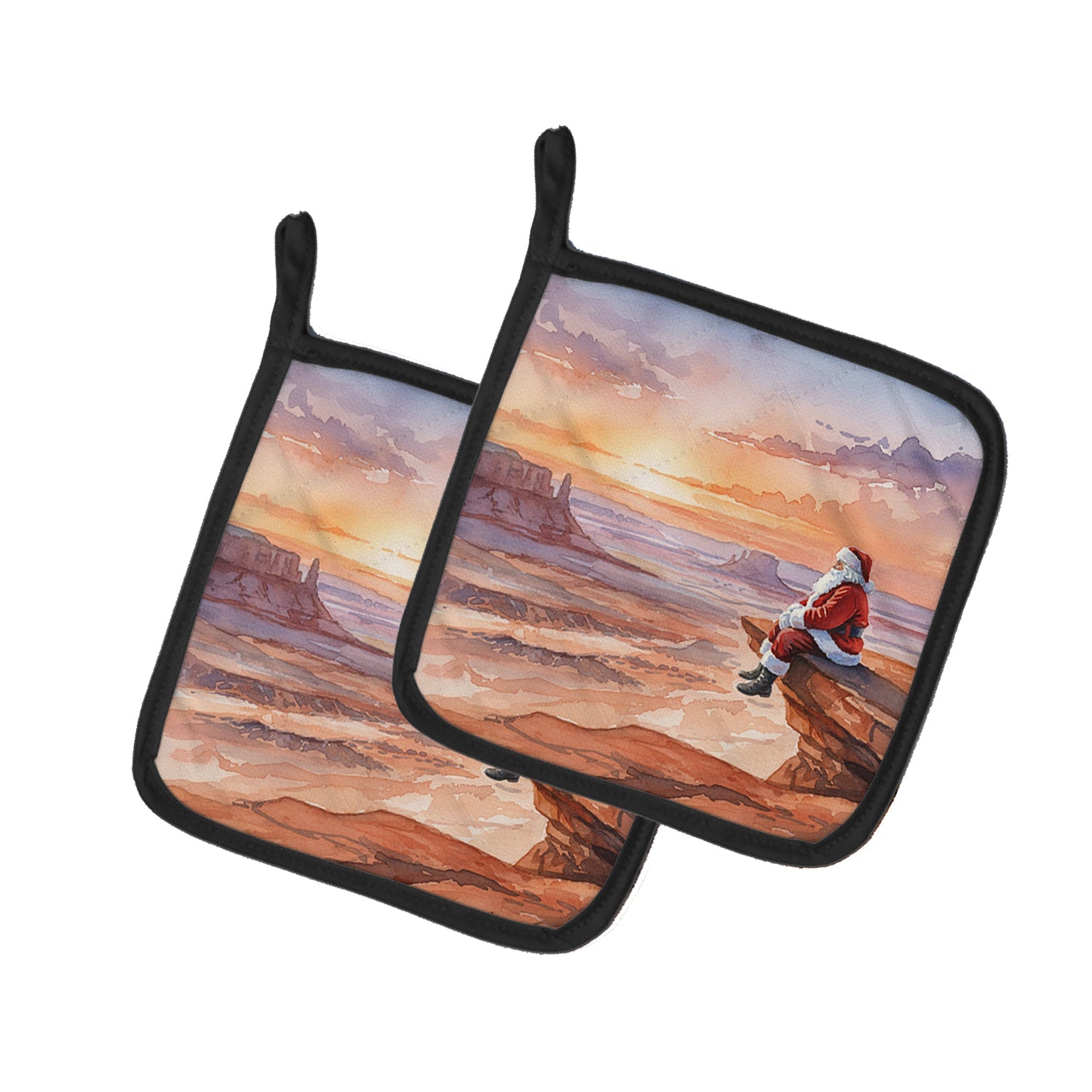 Santa Claus on the Red Rocks Christmas Pot Holder Set of 2 Heat Resistant Quilted Hot Pads 7.5 x 7.5 Inch, Insulated Kitchen Trivets for Cooking & Baking