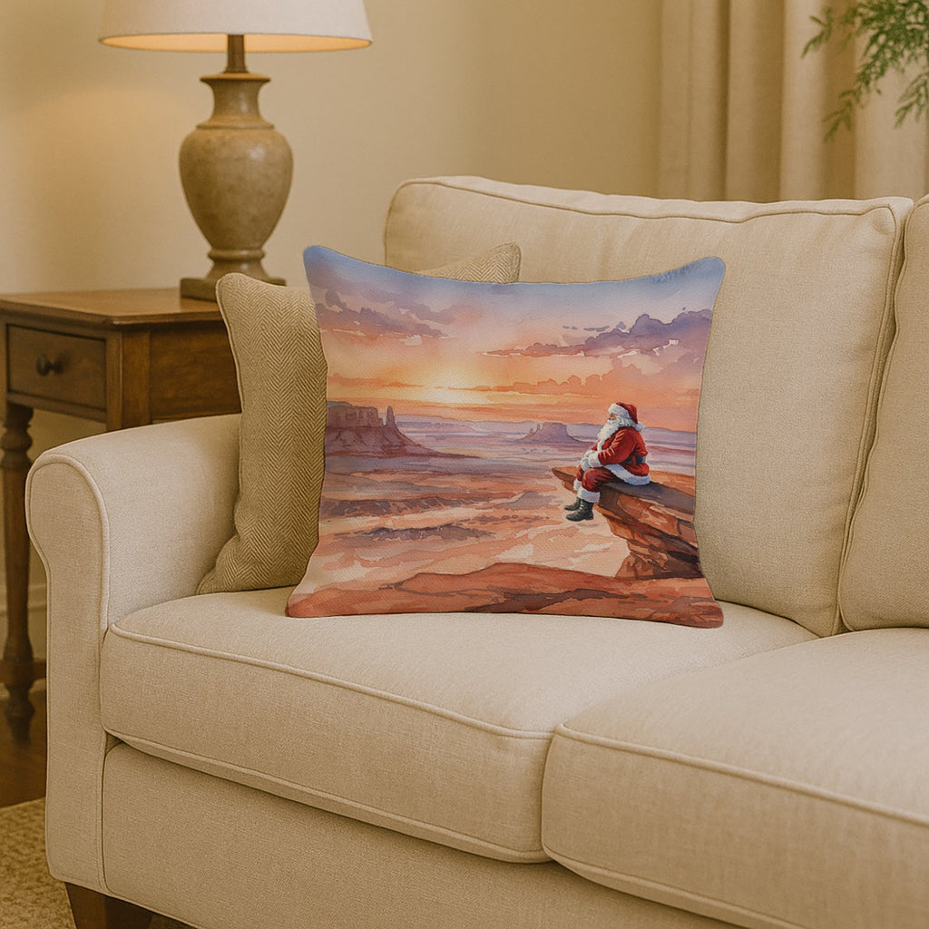 Santa Claus on the Red Rocks Christmas Decorative Throw Pillow 14x14 Indoor Outdoor Accent Cushion, Fabric Cover with Insert for Sofa, Bed, Porch & Living Room