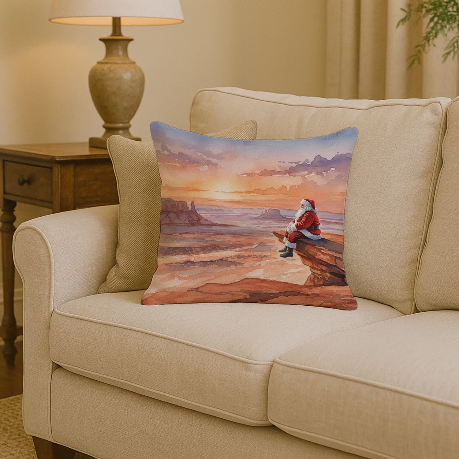 Santa Claus on the Red Rocks Christmas Decorative Throw Pillow 14x14 Indoor Outdoor Accent Cushion, Fabric Cover with Insert for Sofa, Bed, Porch & Living Room