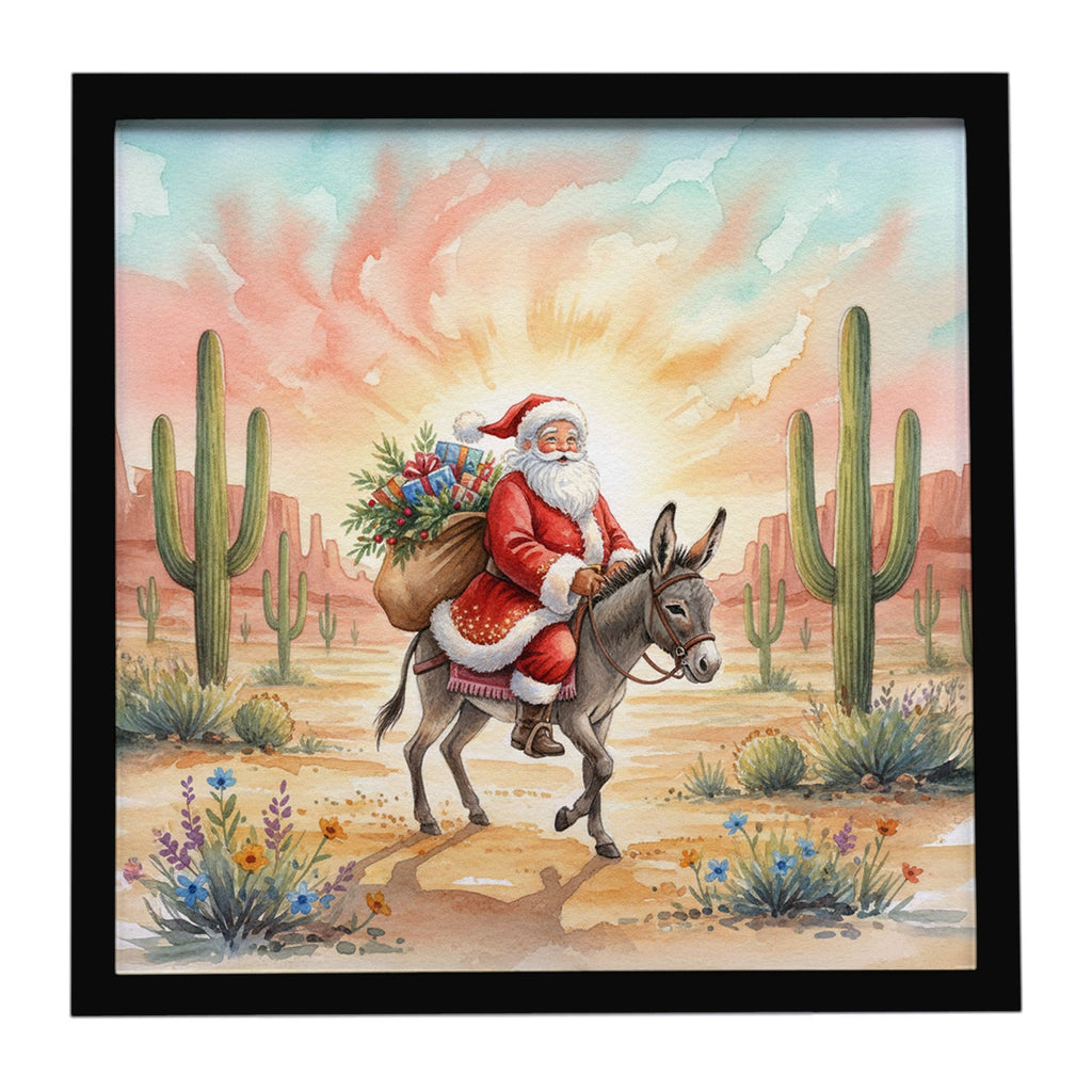 Santa Claus Riding a Burro Christmas Framed Metal Print Bathroom, Kitchen, Office, Home Decor Wall Art Ready to Hang, Square, 8X8