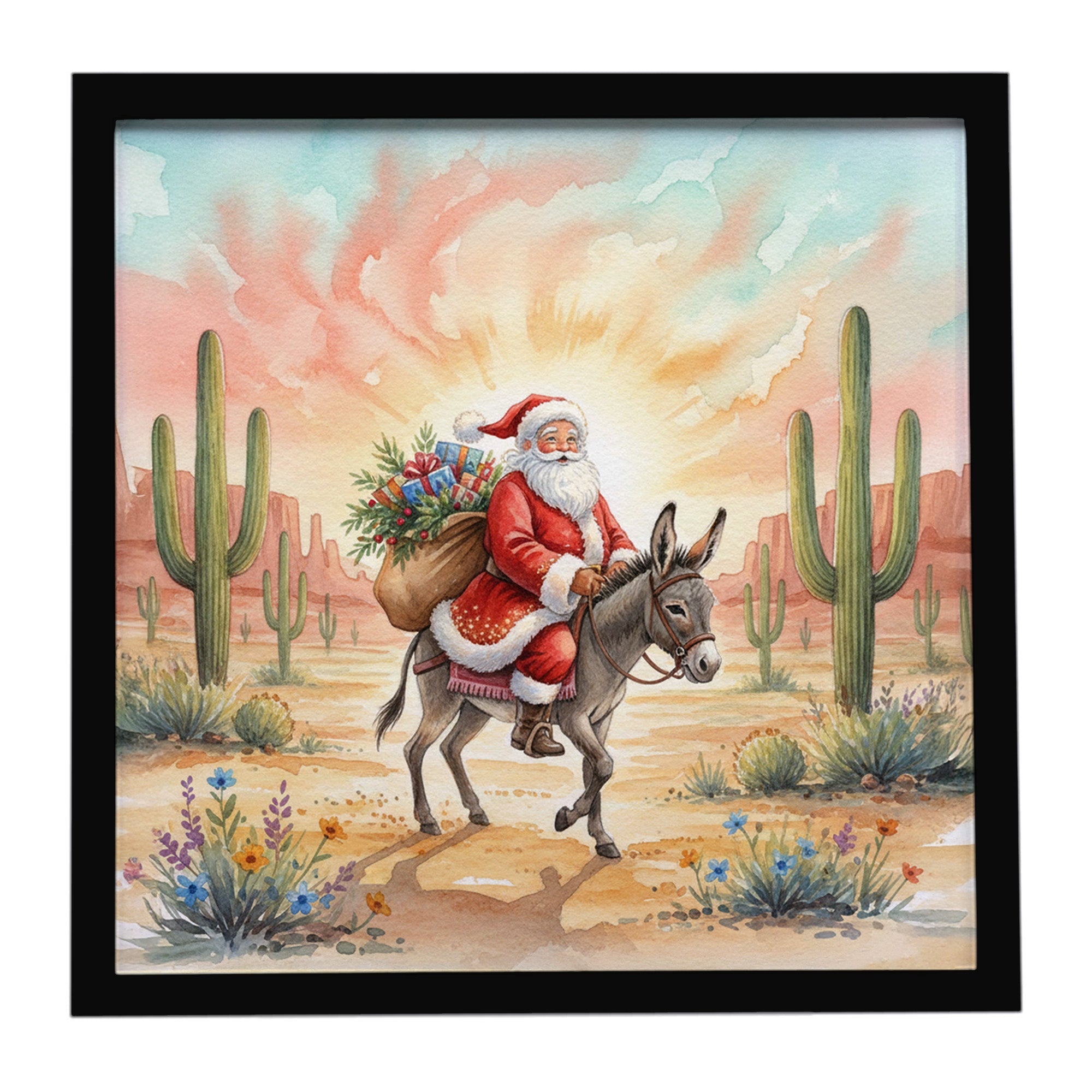 Santa Claus Riding a Burro Christmas Framed Metal Print Bathroom, Kitchen, Office, Home Decor Wall Art Ready to Hang, Square, 8X8