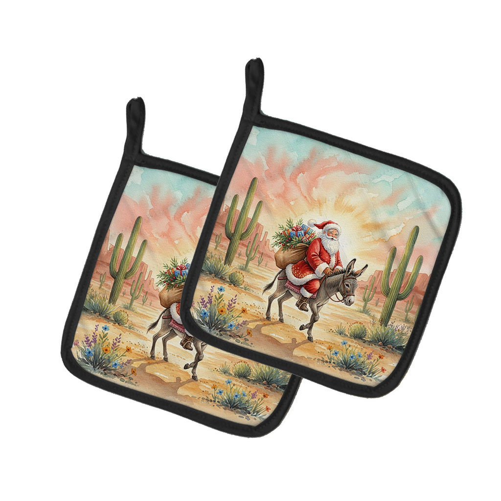 Santa Claus Riding a Burro Christmas Pot Holder Set of 2 Heat Resistant Quilted Hot Pads 7.5 x 7.5 Inch, Insulated Kitchen Trivets for Cooking & Baking
