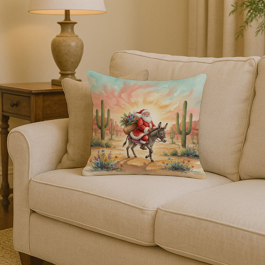 Santa Claus Riding a Burro Christmas Decorative Throw Pillow 14x14 Indoor Outdoor Accent Cushion, Fabric Cover with Insert for Sofa, Bed, Porch & Living Room