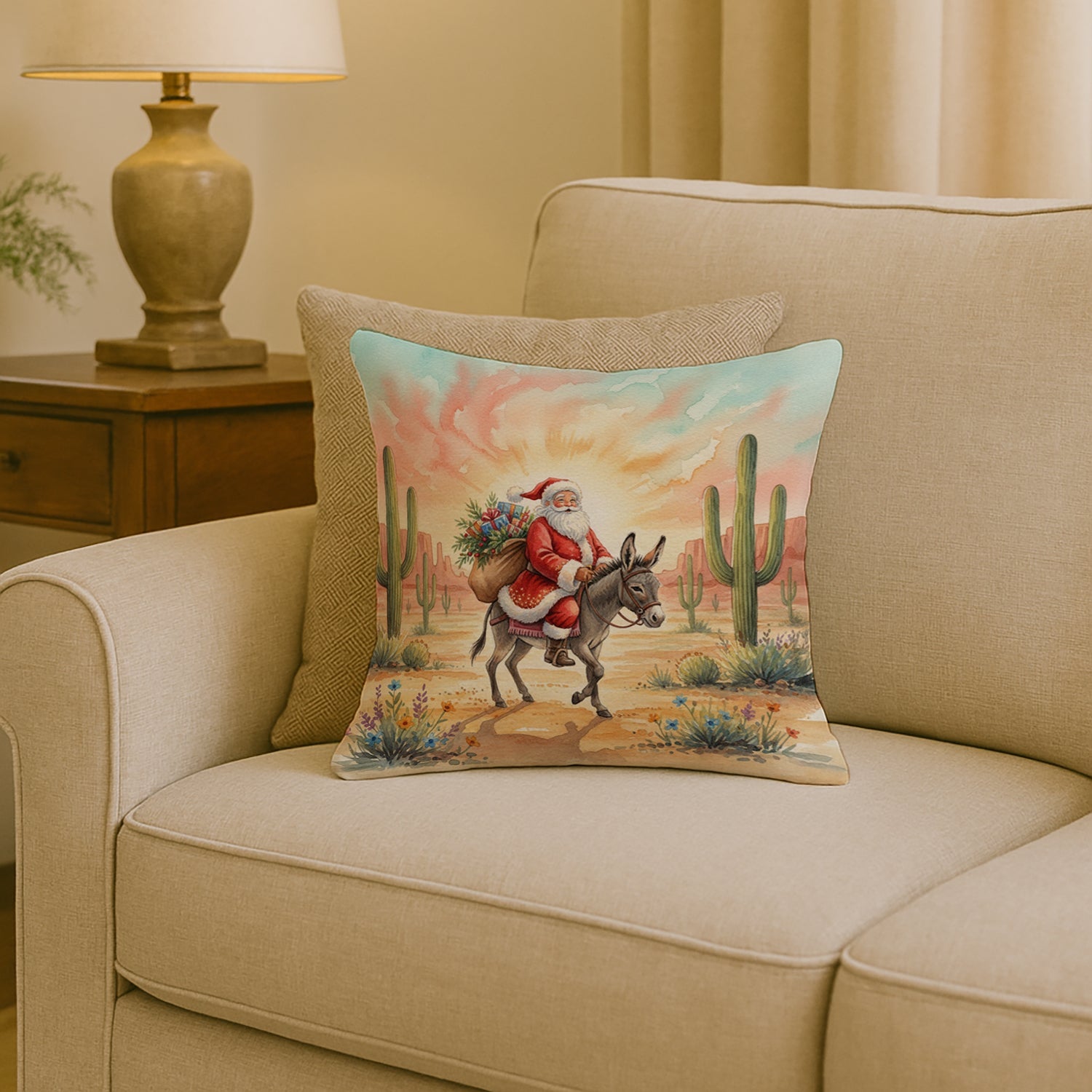 Santa Claus Riding a Burro Christmas Decorative Throw Pillow 18x18 Indoor Outdoor Accent Cushion, Fabric Cover with Insert for Sofa, Bed, Porch & Living Room