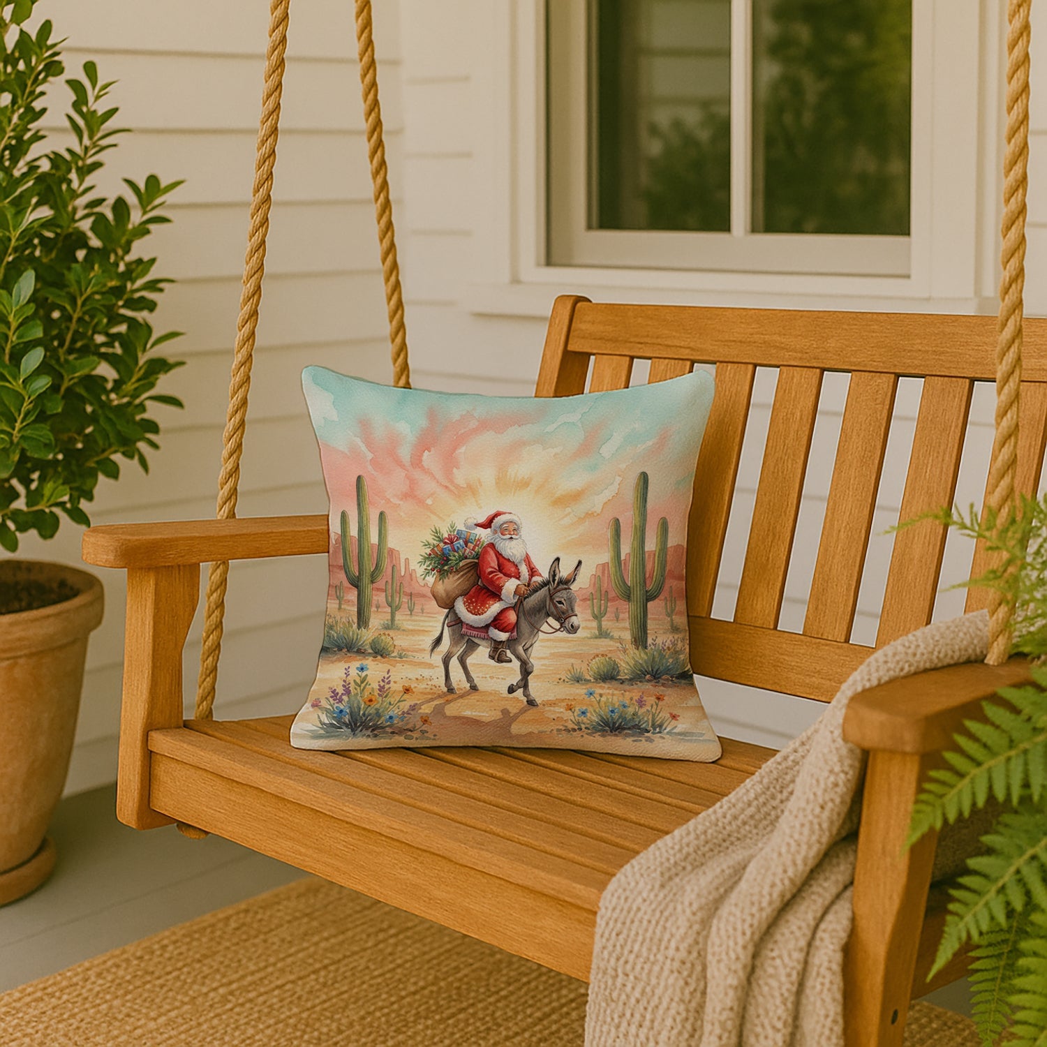 Santa Claus Riding a Burro Christmas Decorative Throw Pillow 18x18 Indoor Outdoor Accent Cushion, Fabric Cover with Insert for Sofa, Bed, Porch & Living Room
