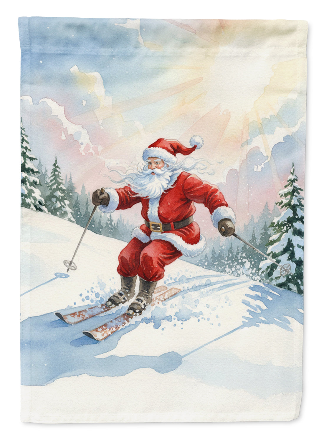 Santa Claus Skiing Downhill Christmas House Flag 28x40 Porch Sleeve Pole Decorative Outside Yard Banner Artwork Wall Hanging, Polyester