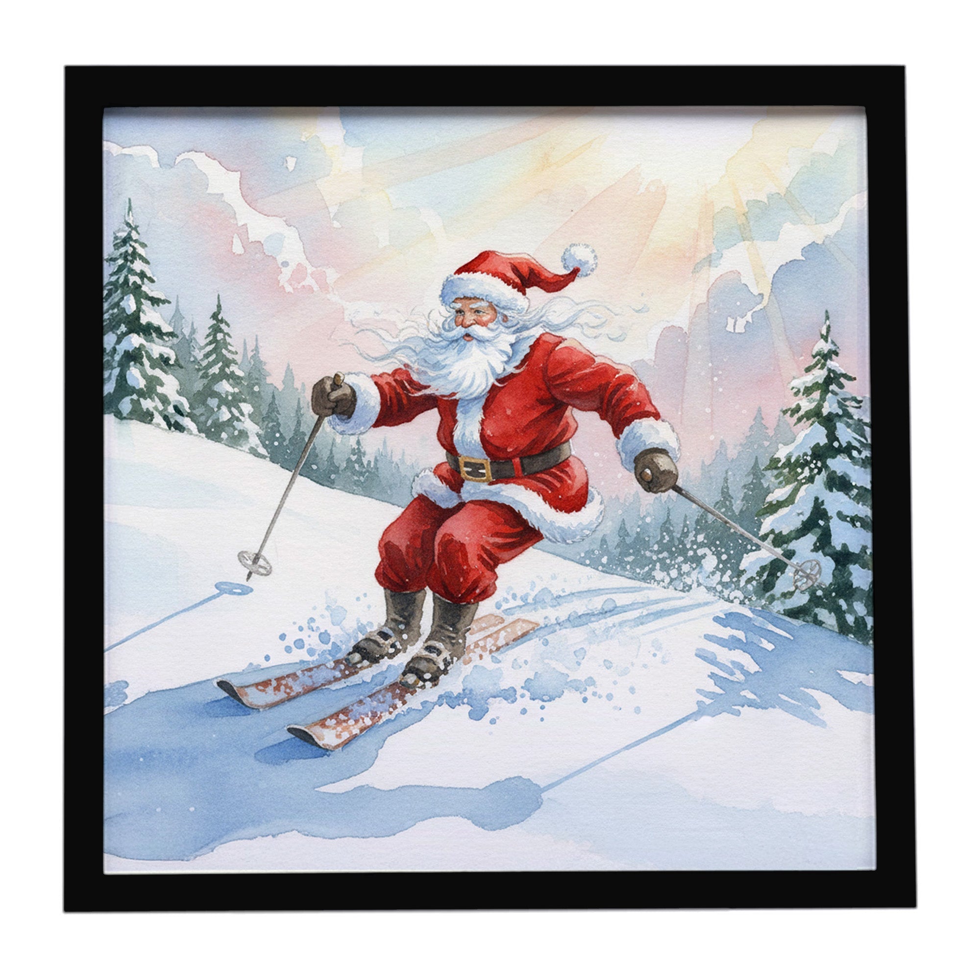 Santa Claus Skiing Downhill Christmas Framed Metal Print Bathroom, Kitchen, Office, Home Decor Wall Art Ready to Hang, Square, 8X8