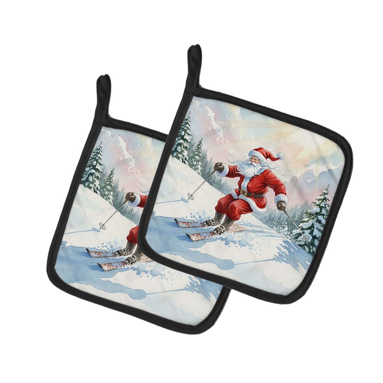 Santa Claus Skiing Downhill Christmas Pot Holder Set of 2 Heat Resistant Quilted Hot Pads 7.5 x 7.5 Inch, Insulated Kitchen Trivets for Cooking & Baking