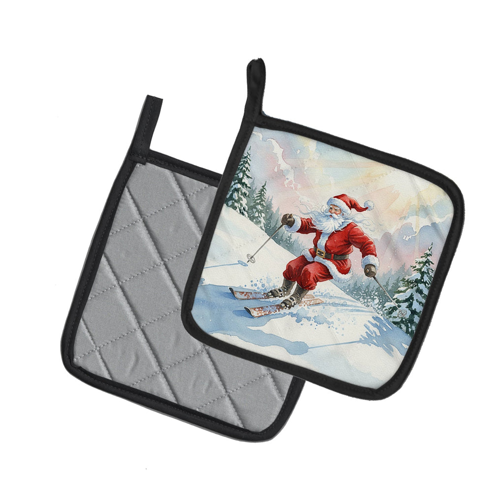 Santa Claus Skiing Downhill Christmas Pot Holder Set of 2 Heat Resistant Quilted Hot Pads 7.5 x 7.5 Inch, Insulated Kitchen Trivets for Cooking & Baking